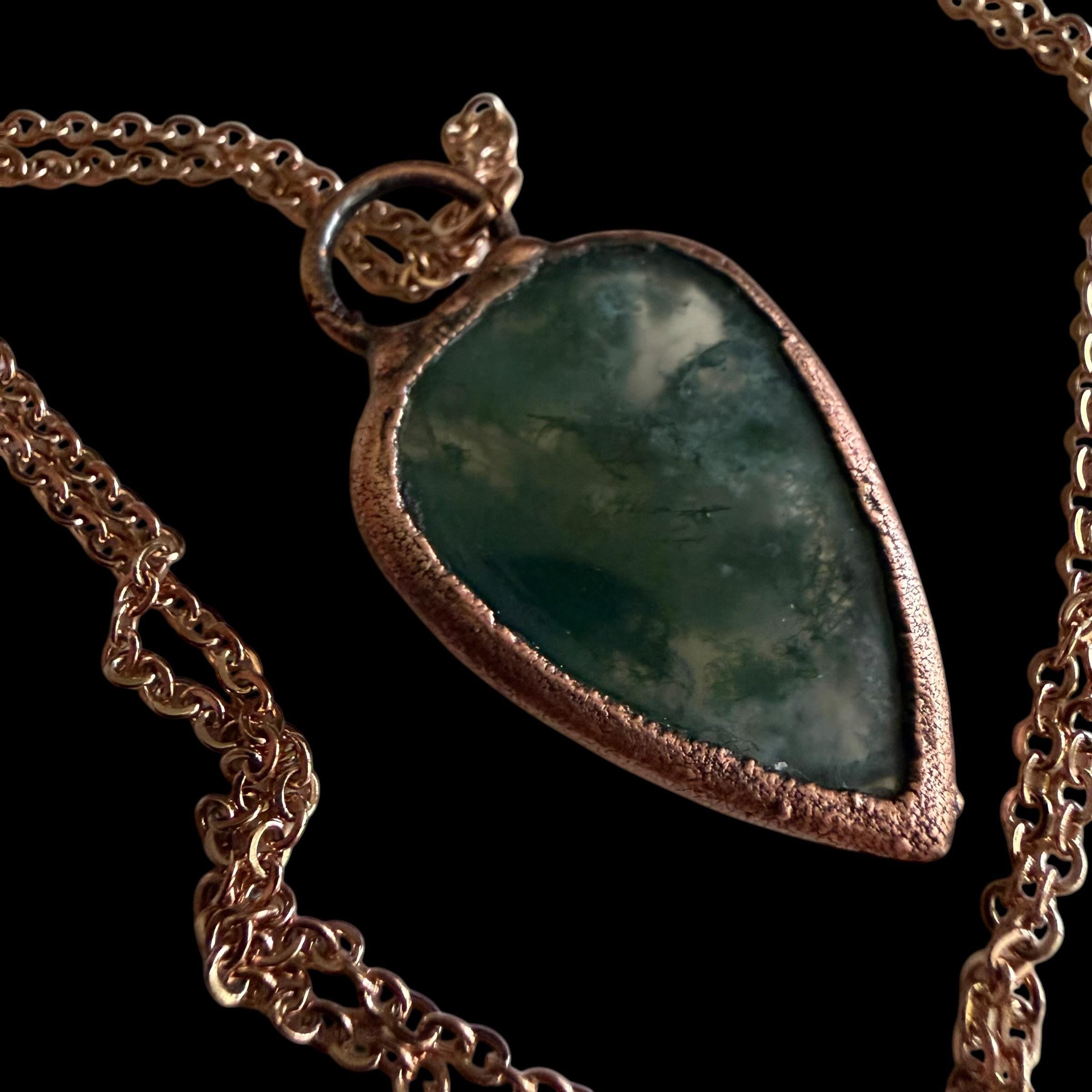 Moss Agate Necklace | Electroformed Copper Pendant | Handmade Crystal Jewelry | Boho Nature Necklace