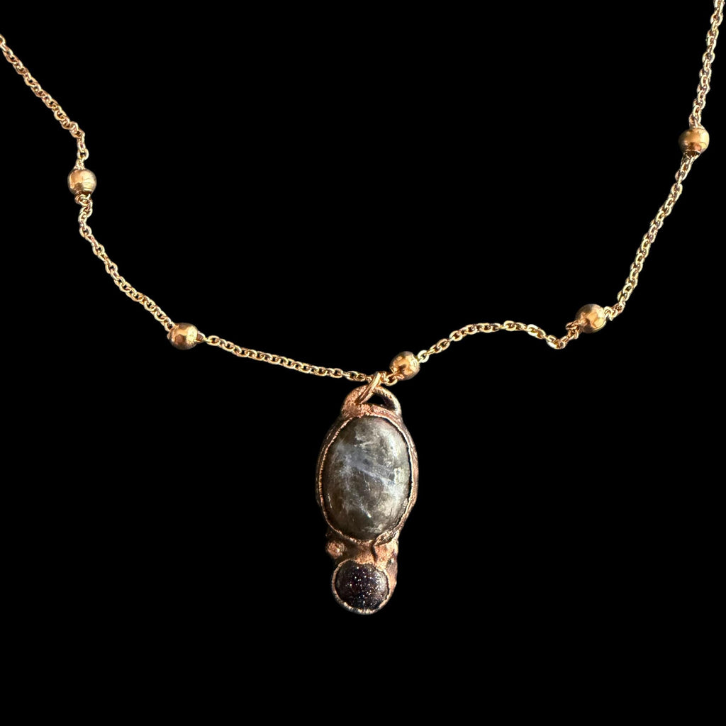 Plum Blossom Jasper and Blue Goldstone Necklace | Electroformed Copper Pendant | Handmade Crystal Jewelry | Boho Necklace