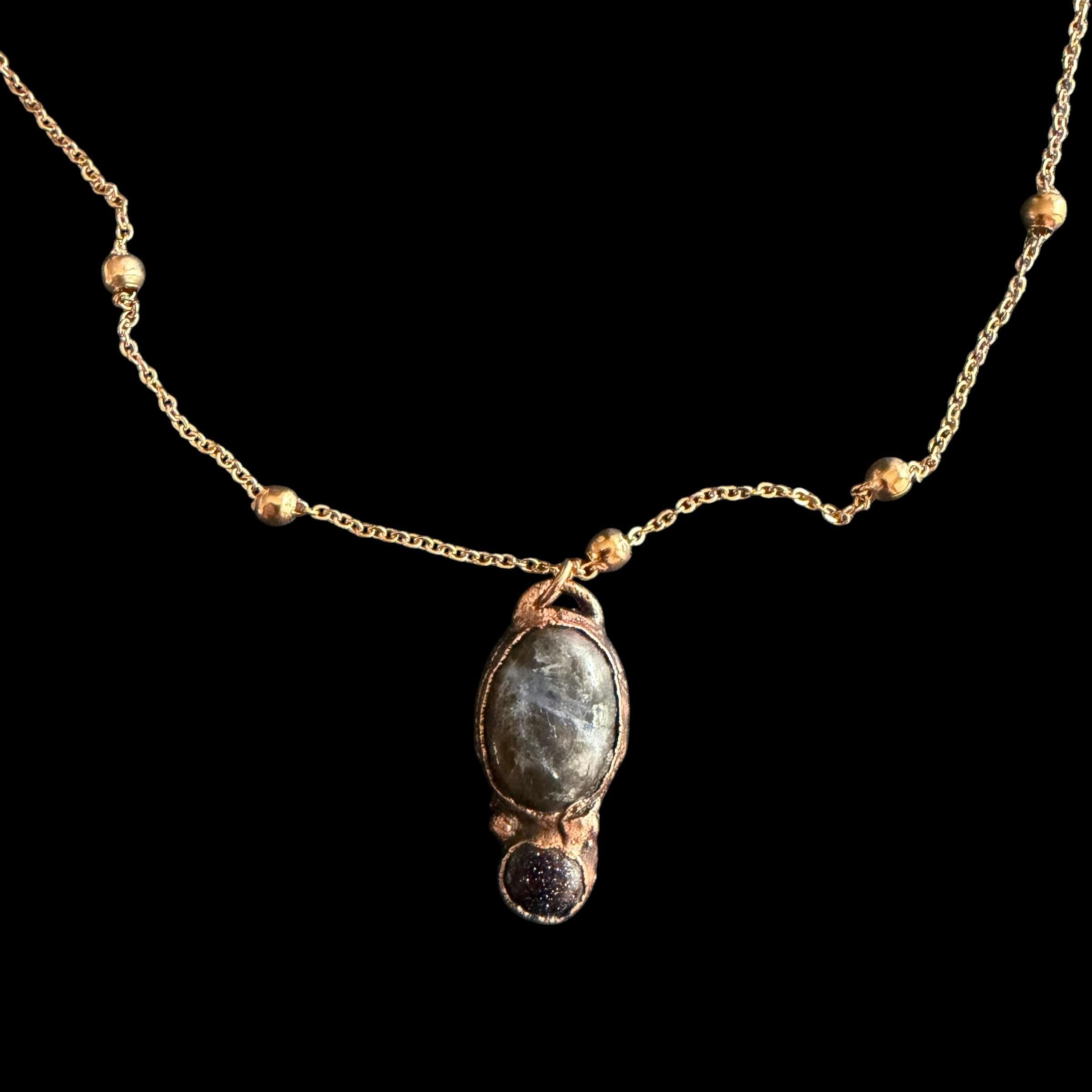 Plum Blossom Jasper and Blue Goldstone Necklace | Electroformed Copper Pendant | Handmade Crystal Jewelry | Boho Necklace