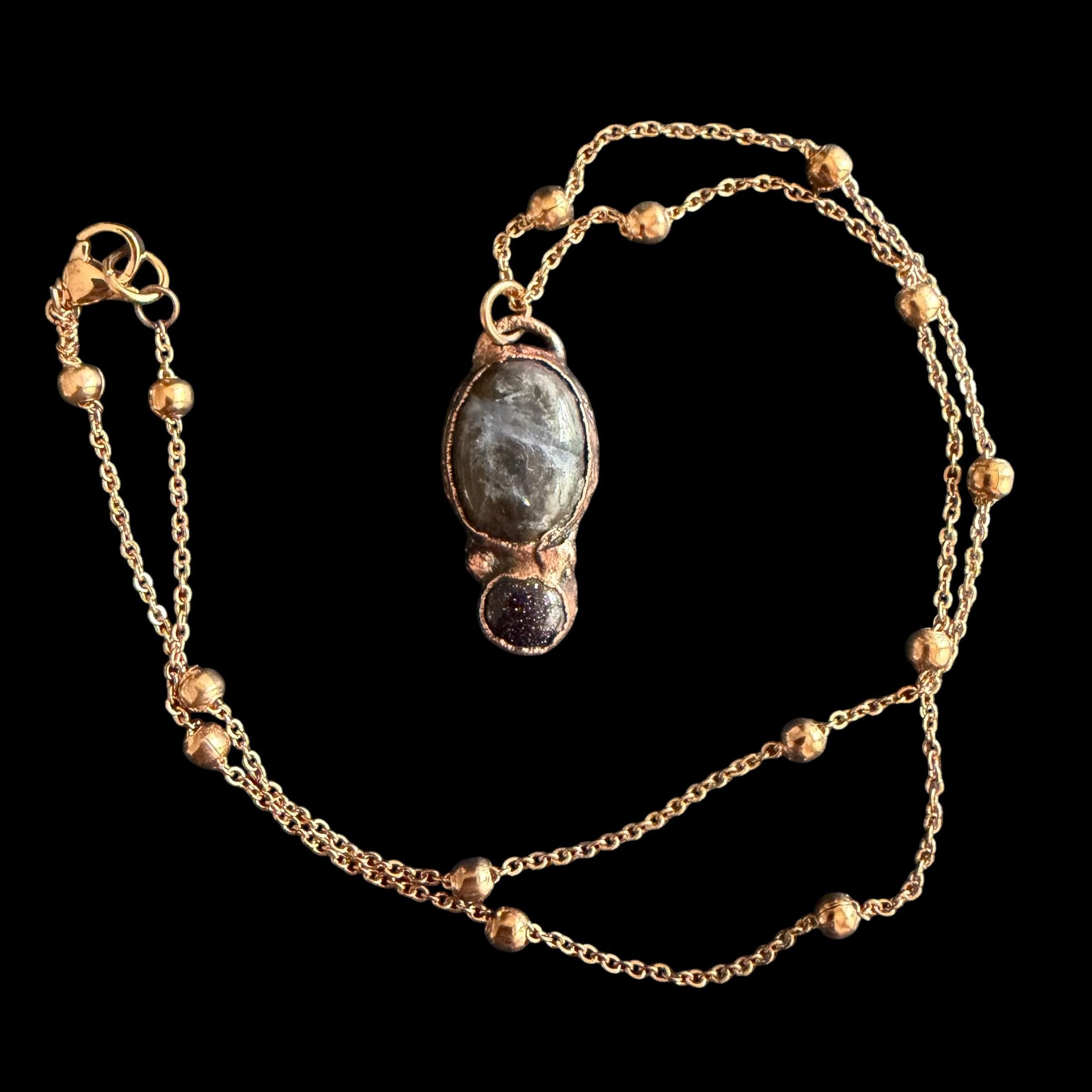 Plum Blossom Jasper and Blue Goldstone Necklace | Electroformed Copper Pendant | Handmade Crystal Jewelry | Boho Necklace