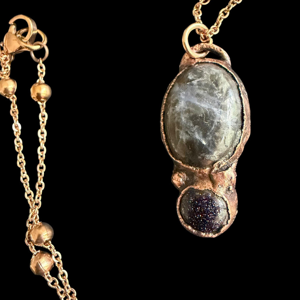 Plum Blossom Jasper and Blue Goldstone Necklace | Electroformed Copper Pendant | Handmade Crystal Jewelry | Boho Necklace