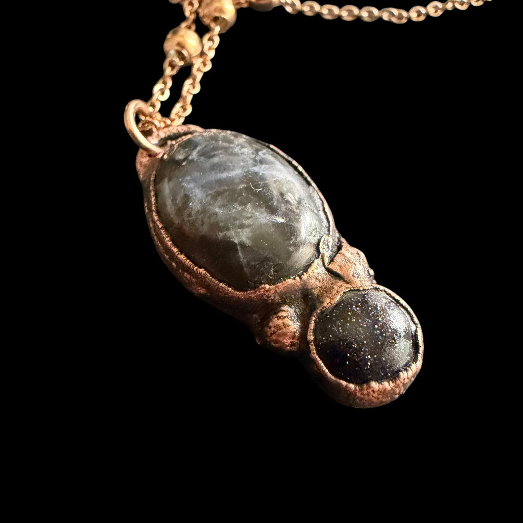 Plum Blossom Jasper and Blue Goldstone Necklace | Electroformed Copper Pendant | Handmade Crystal Jewelry | Boho Necklace