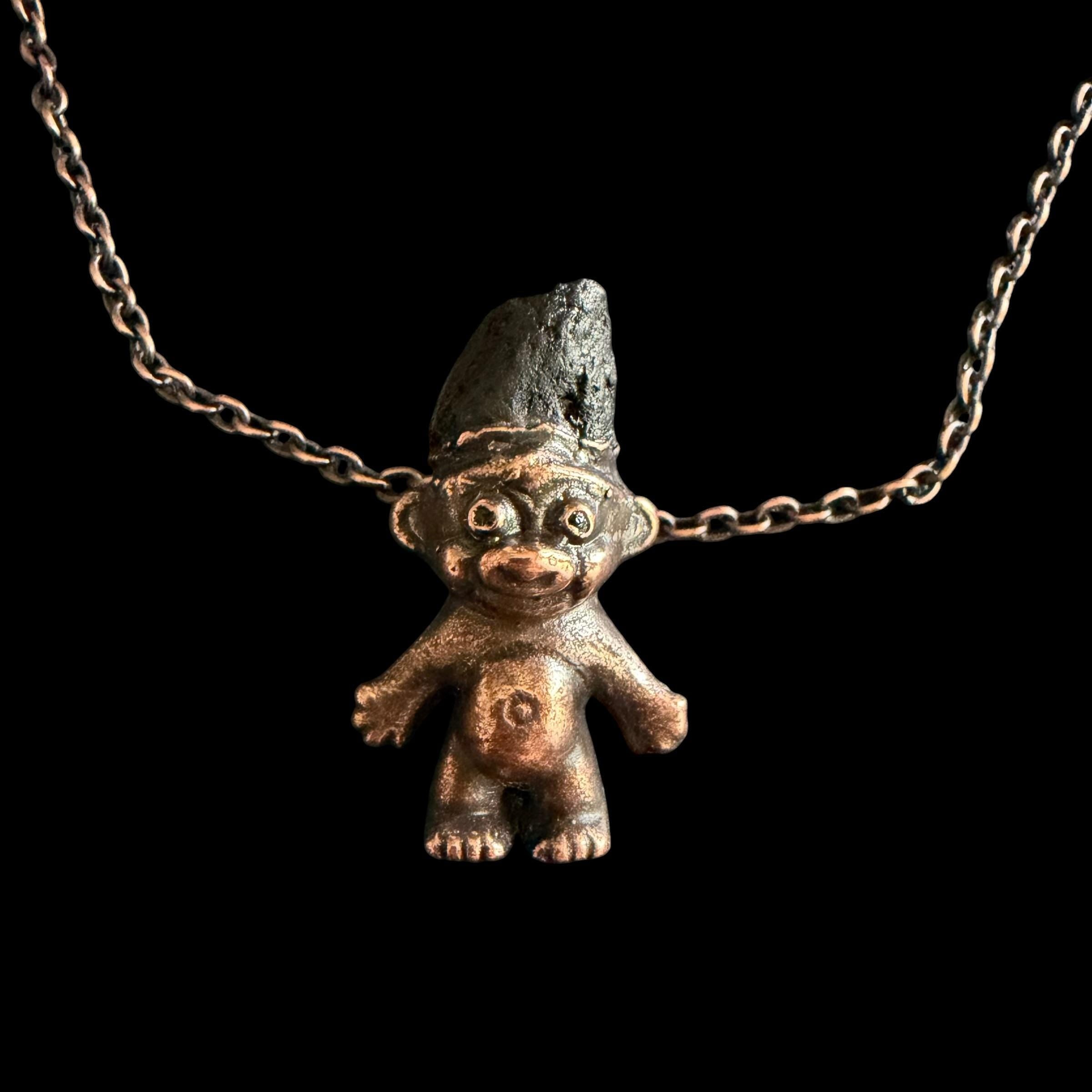Black Tourmaline Troll Necklace | Electroformed Copper Pendant | Handmade Crystal Jewelry | Quirky Boho Good Luck Charm