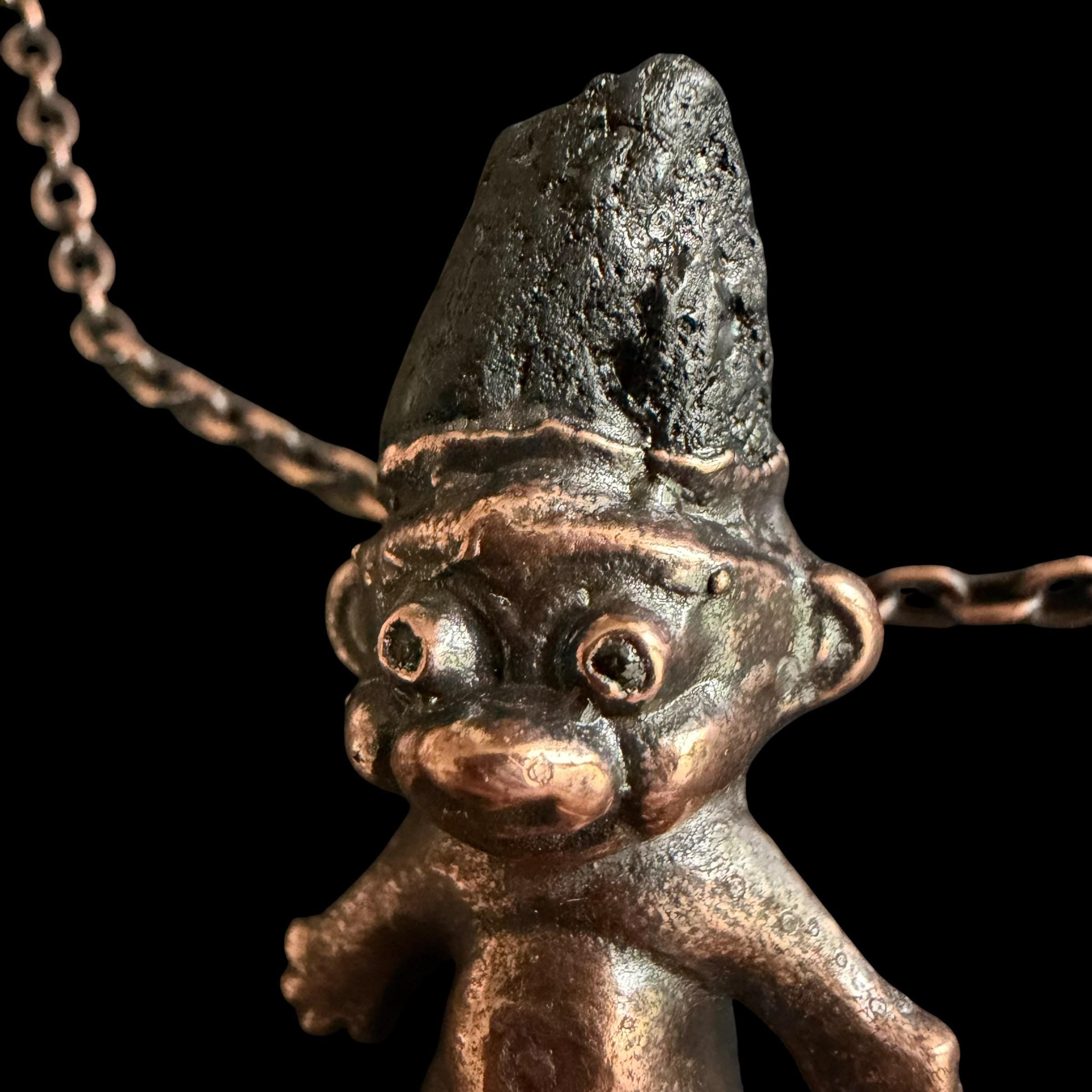 Black Tourmaline Troll Necklace | Electroformed Copper Pendant | Handmade Crystal Jewelry | Quirky Boho Good Luck Charm