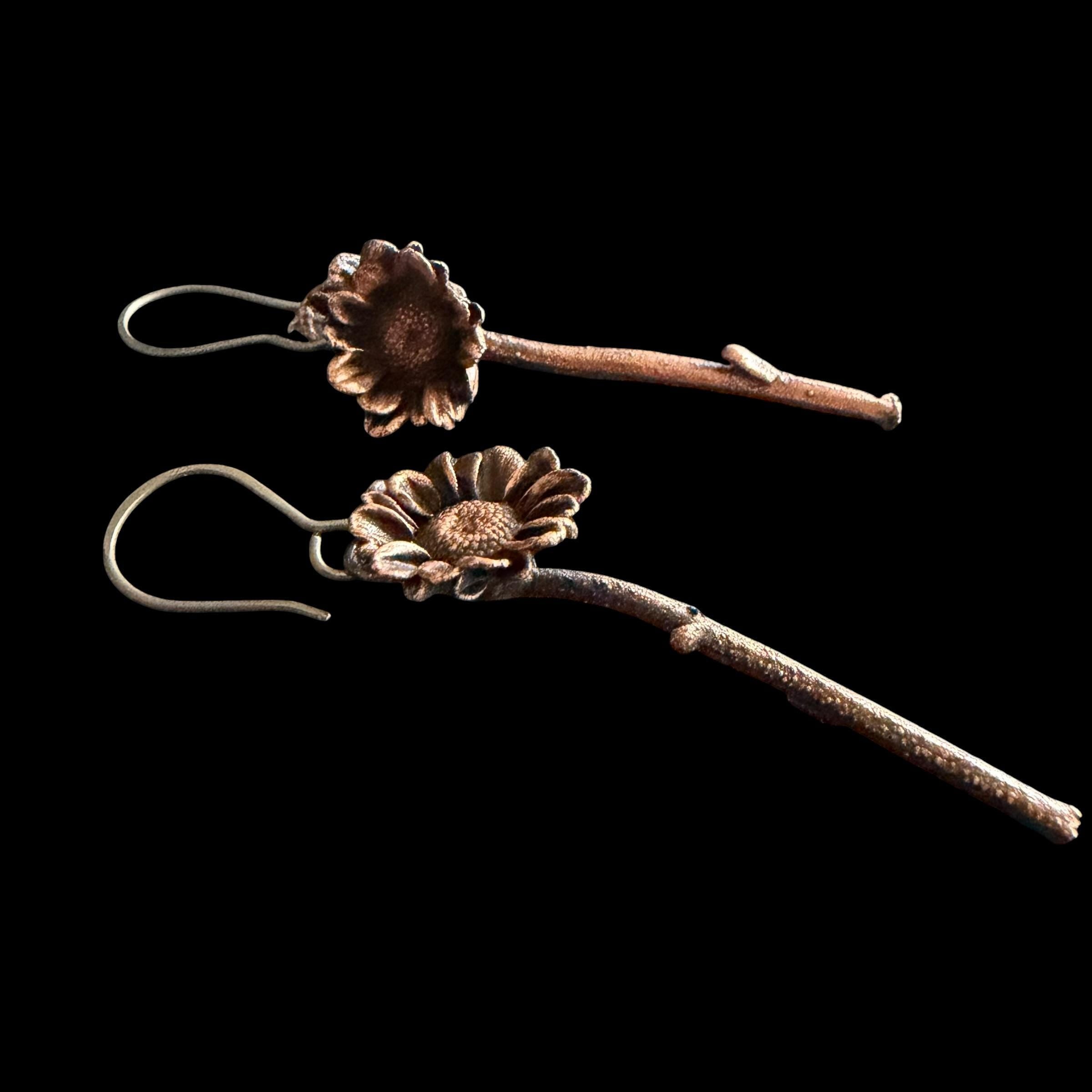 Real Daisy Flower Stem Dangle Earrings | Electroformed Copper Wildflower | Handmade Botanical Jewelry | Boho Nature Earrings