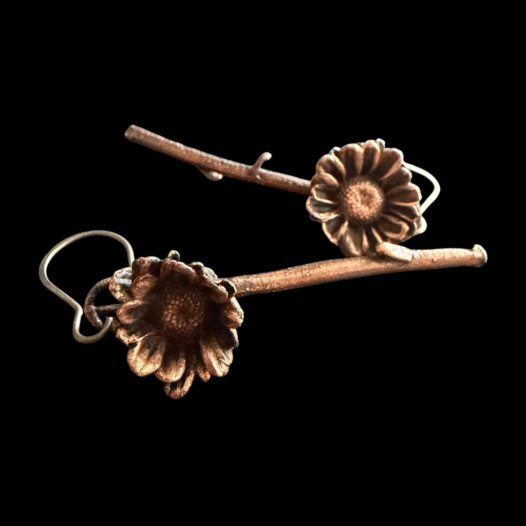 Real Daisy Flower Stem Dangle Earrings | Electroformed Copper Wildflower | Handmade Botanical Jewelry | Boho Nature Earrings