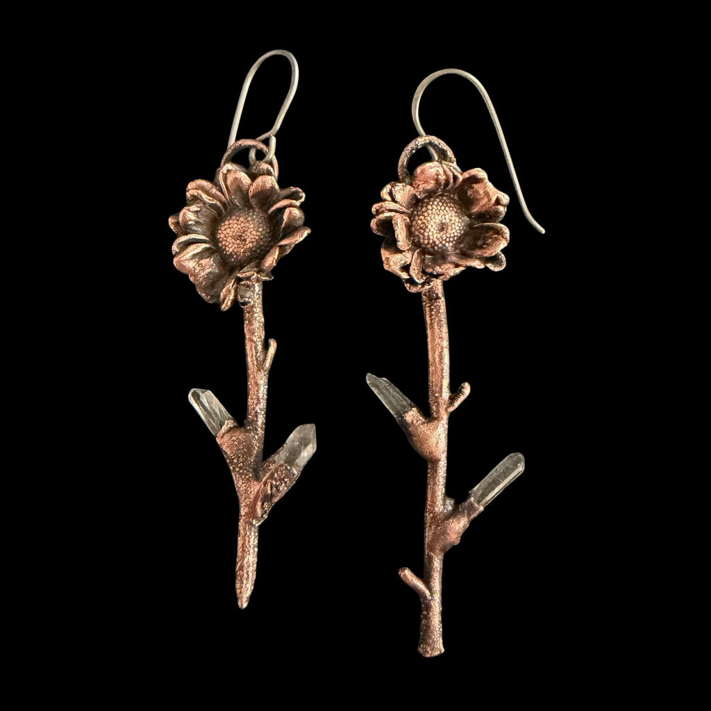 Real Flower Stem Dangle Earrings with Raw Quartz | Electroformed Copper Wildflower | Handmade Crystal Botanical Jewelry | Boho