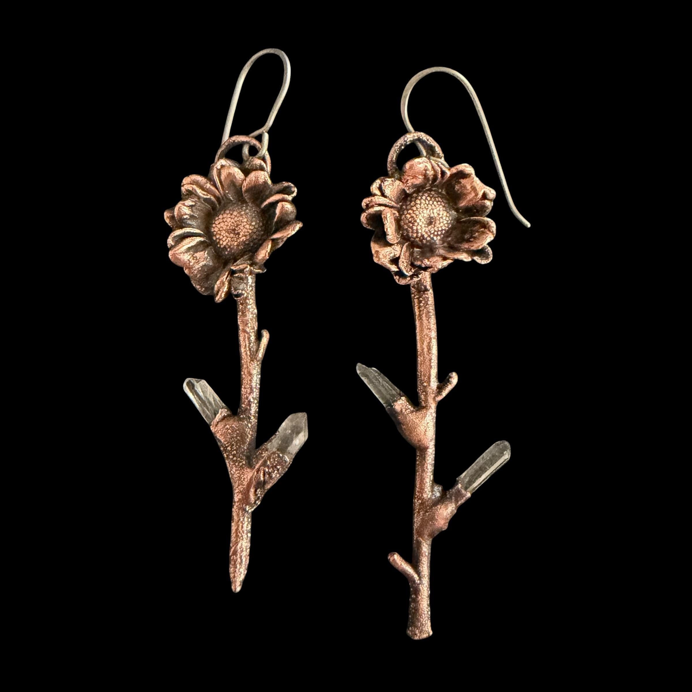 Real Flower Stem Dangle Earrings with Raw Quartz | Electroformed Copper Wildflower | Handmade Crystal Botanical Jewelry | Boho
