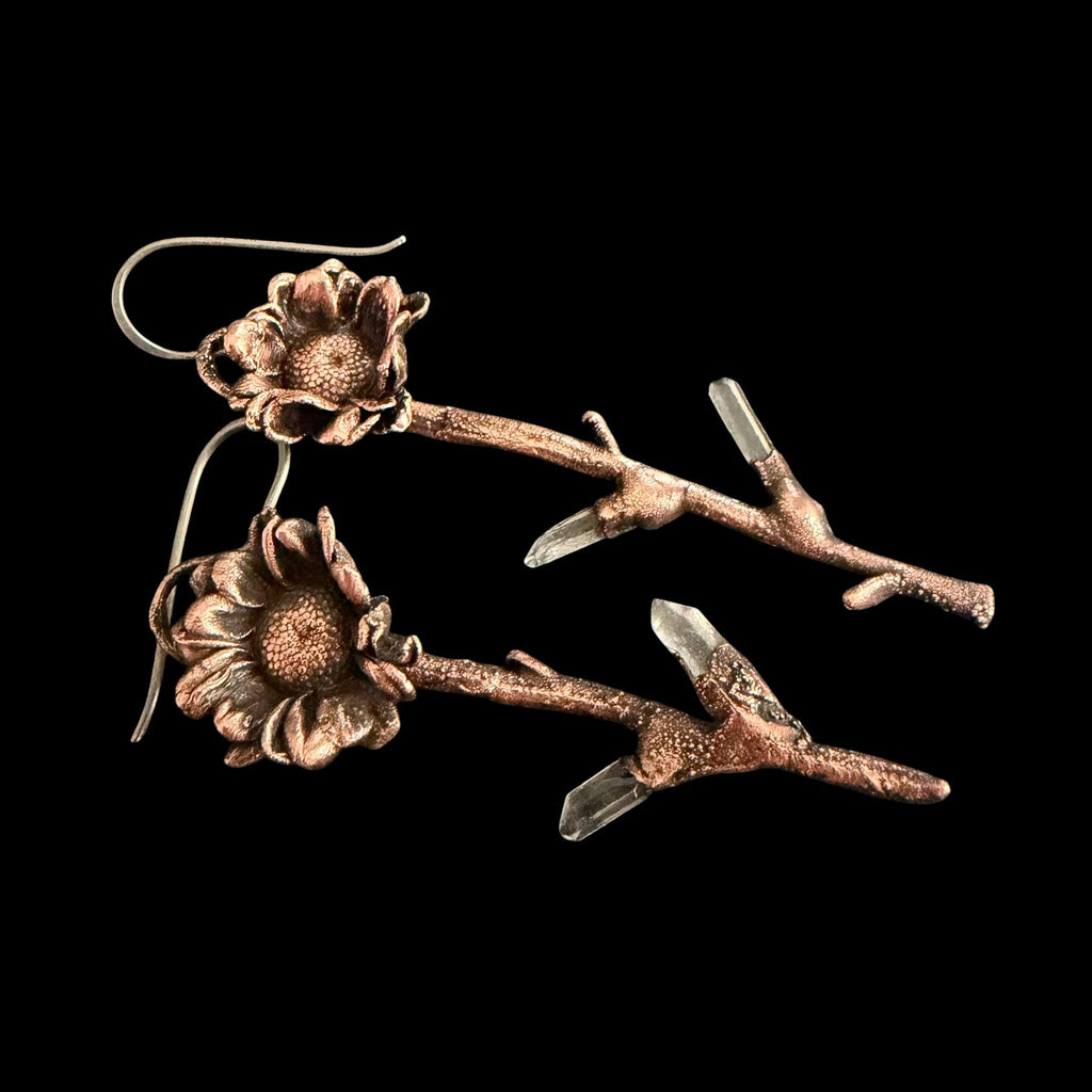 Real Flower Stem Dangle Earrings with Raw Quartz | Electroformed Copper Wildflower | Handmade Crystal Botanical Jewelry | Boho
