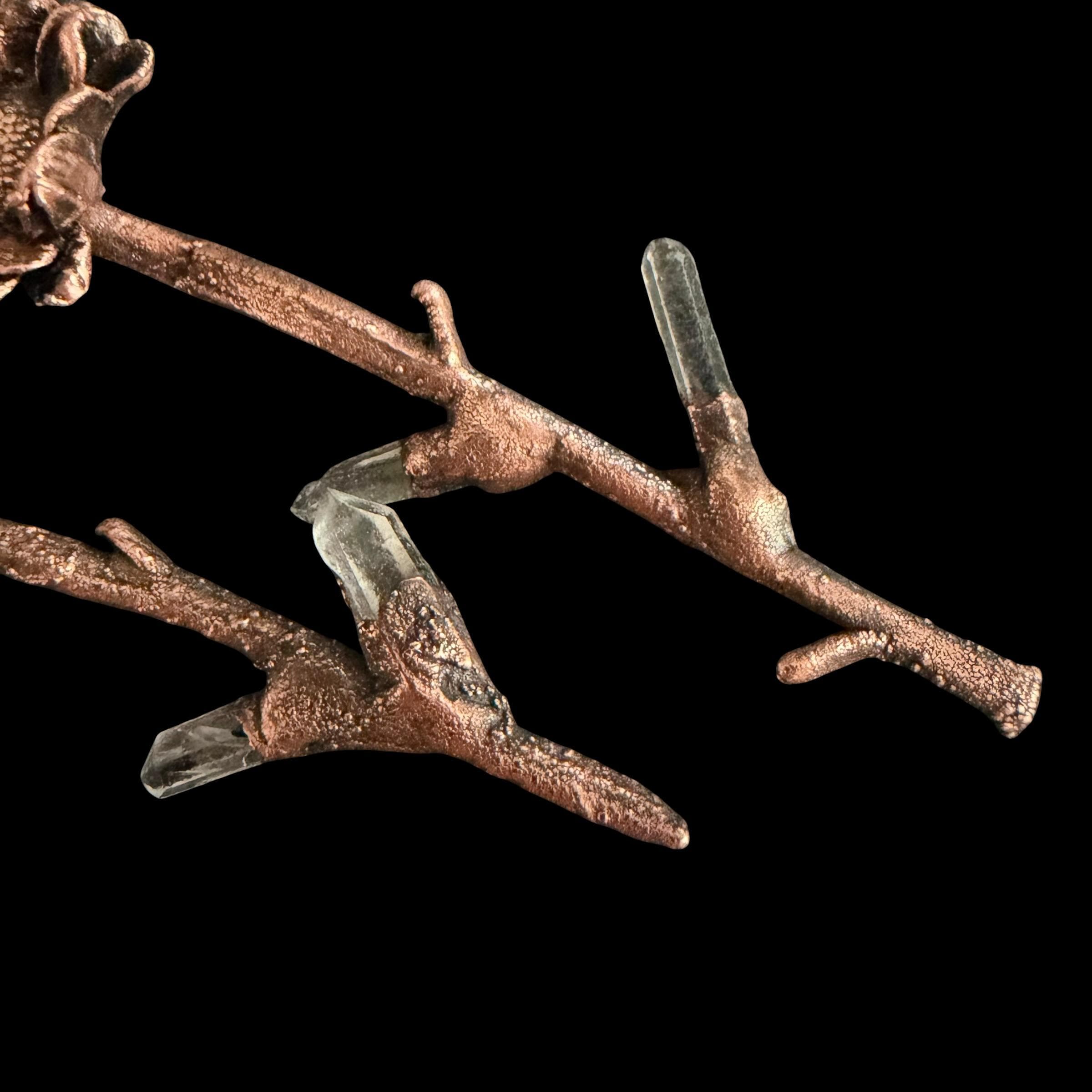 Real Flower Stem Dangle Earrings with Raw Quartz | Electroformed Copper Wildflower | Handmade Crystal Botanical Jewelry | Boho