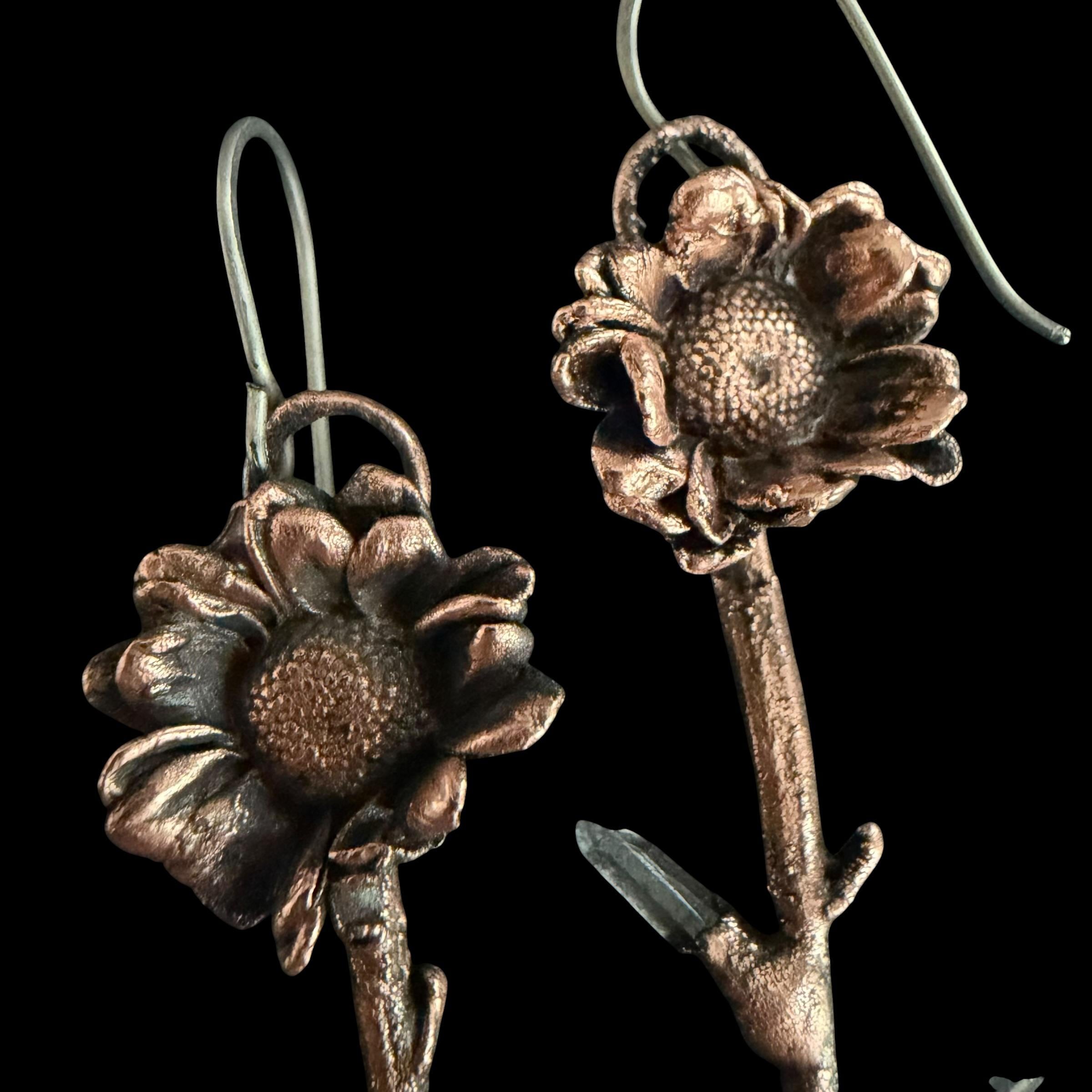 Real Flower Stem Dangle Earrings with Raw Quartz | Electroformed Copper Wildflower | Handmade Crystal Botanical Jewelry | Boho