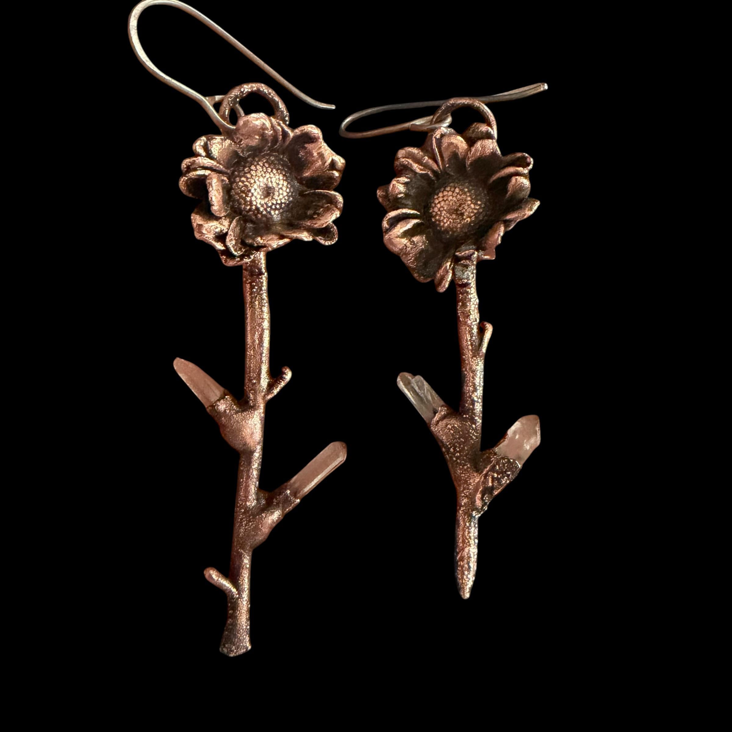 Real Flower Stem Dangle Earrings with Raw Quartz | Electroformed Copper Wildflower | Handmade Crystal Botanical Jewelry | Boho