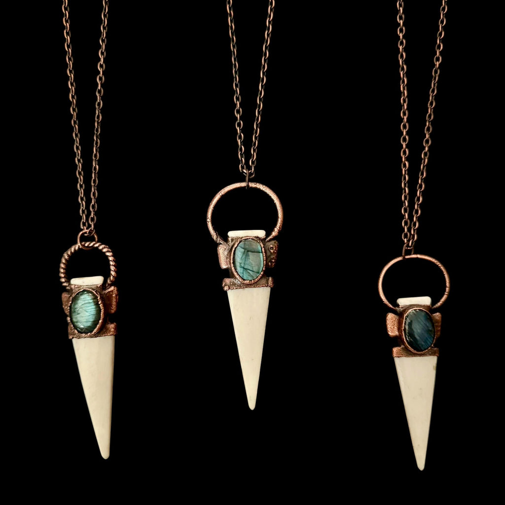 Bison Bone Arrowhead Necklace with Labradorite | Electroformed Copper Spike Pendant | Handmade Boho Jewelry | 24 inch Chain