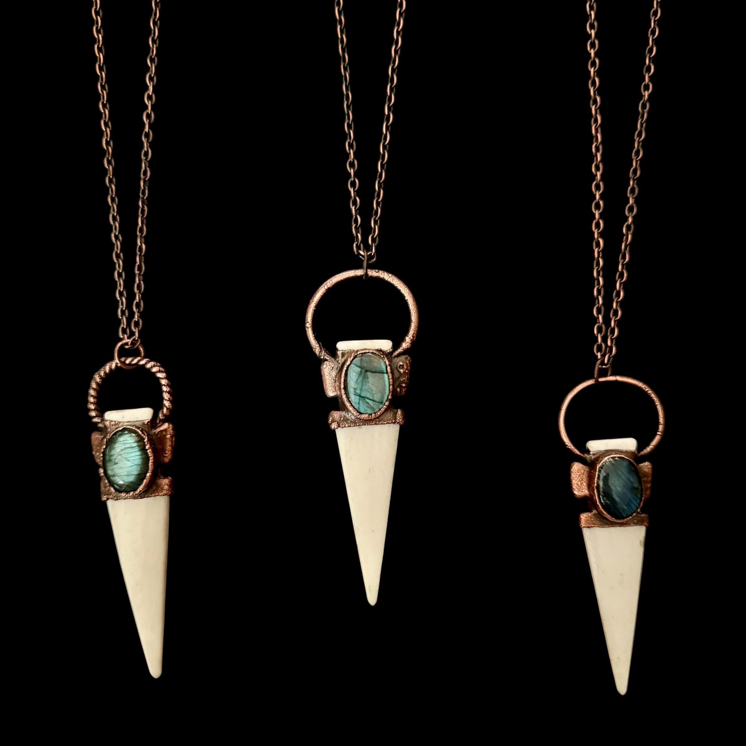 Bison Bone Arrowhead Necklace with Labradorite | Electroformed Copper Spike Pendant | Handmade Boho Jewelry | 24 inch Chain