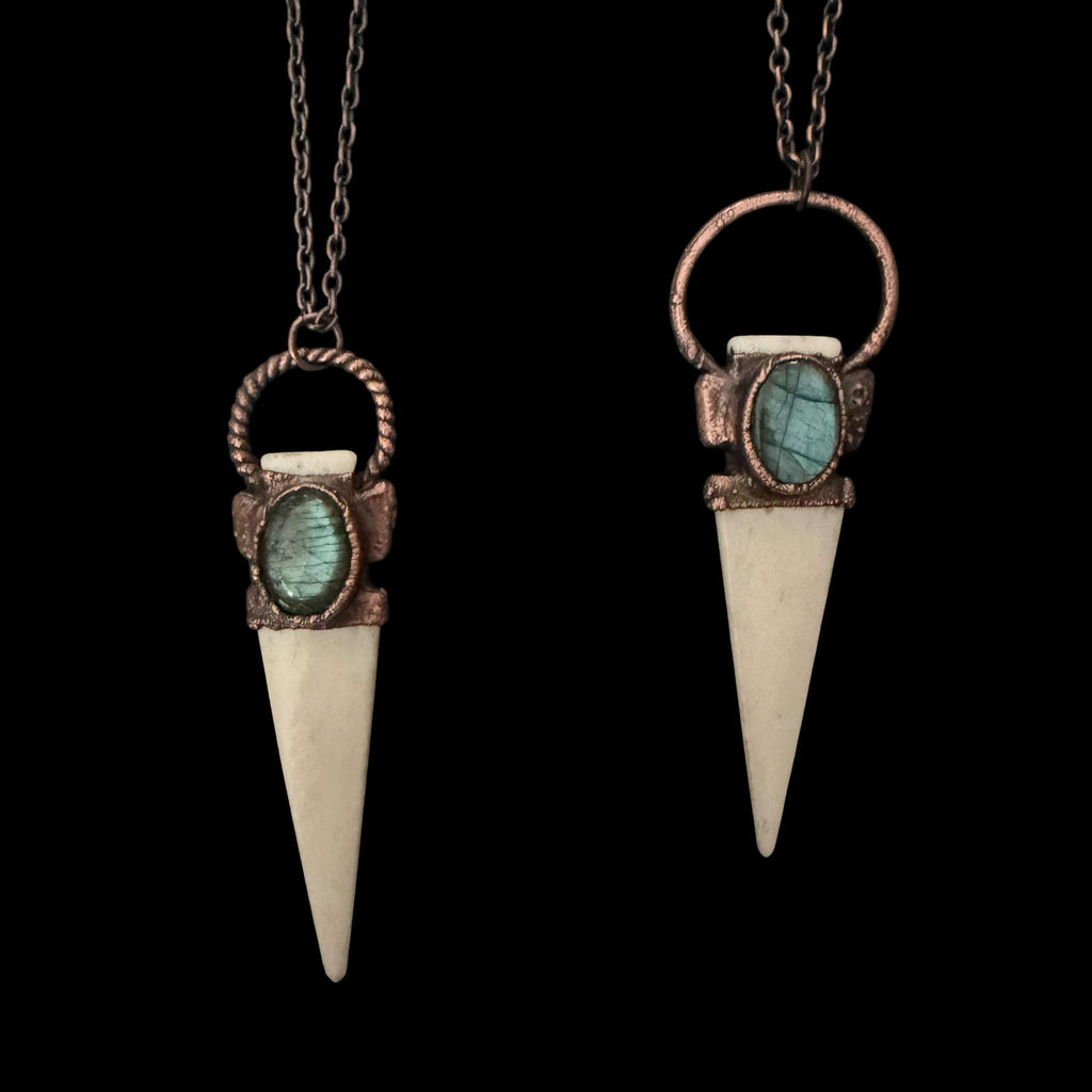 Bison Bone Arrowhead Necklace with Labradorite | Electroformed Copper Spike Pendant | Handmade Boho Jewelry | 24 inch Chain