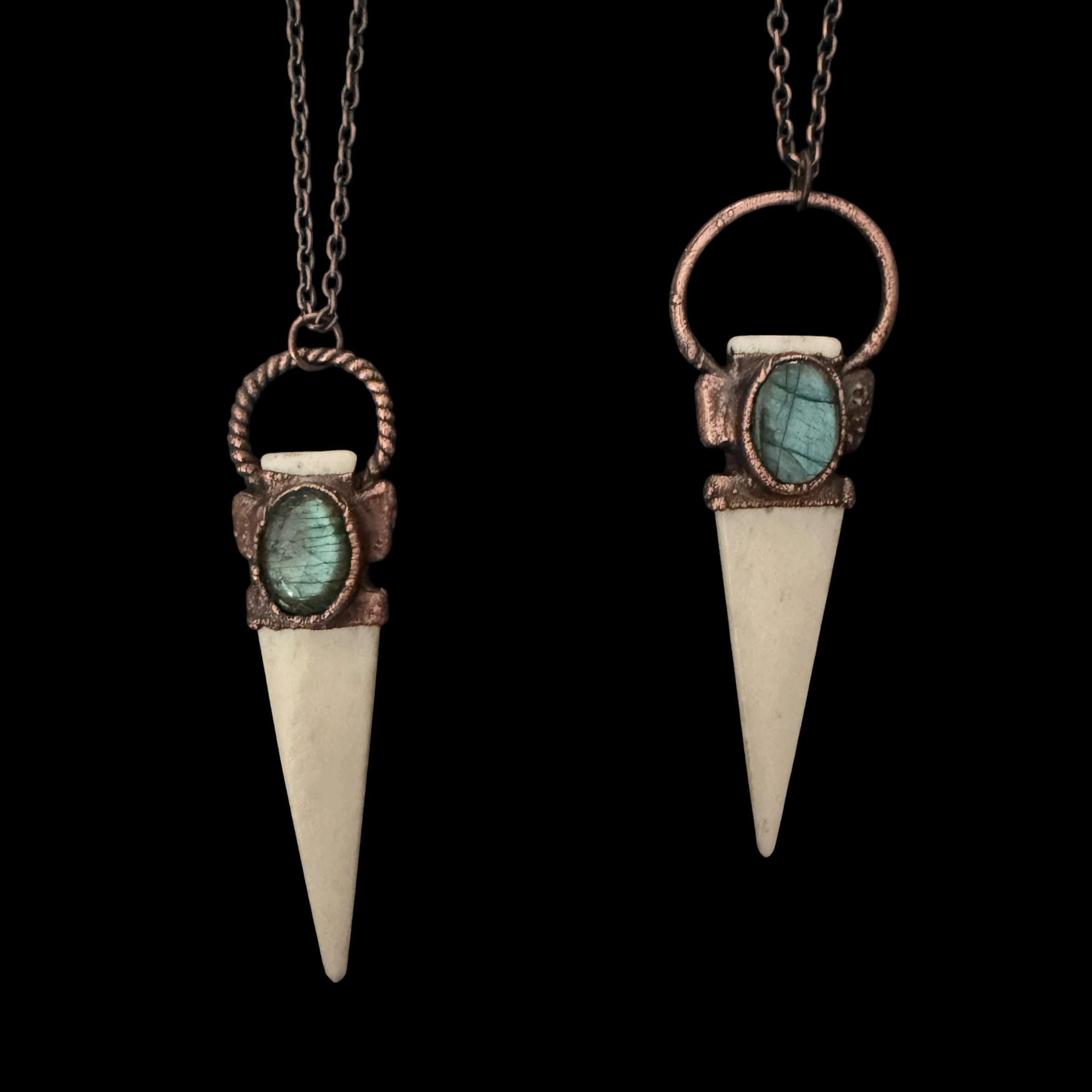 Bison Bone Arrowhead Necklace with Labradorite | Electroformed Copper Spike Pendant | Handmade Boho Jewelry | 24 inch Chain