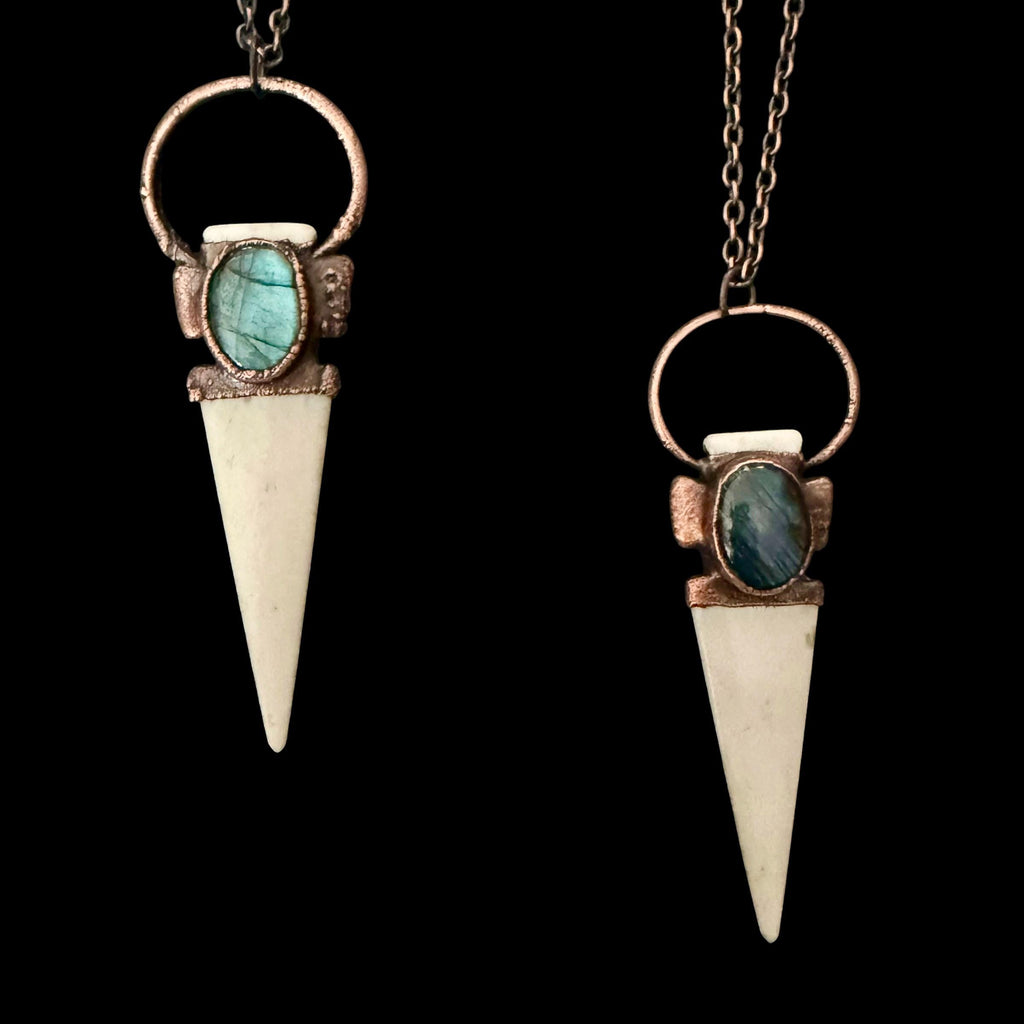 Bison Bone Arrowhead Necklace with Labradorite | Electroformed Copper Spike Pendant | Handmade Boho Jewelry | 24 inch Chain