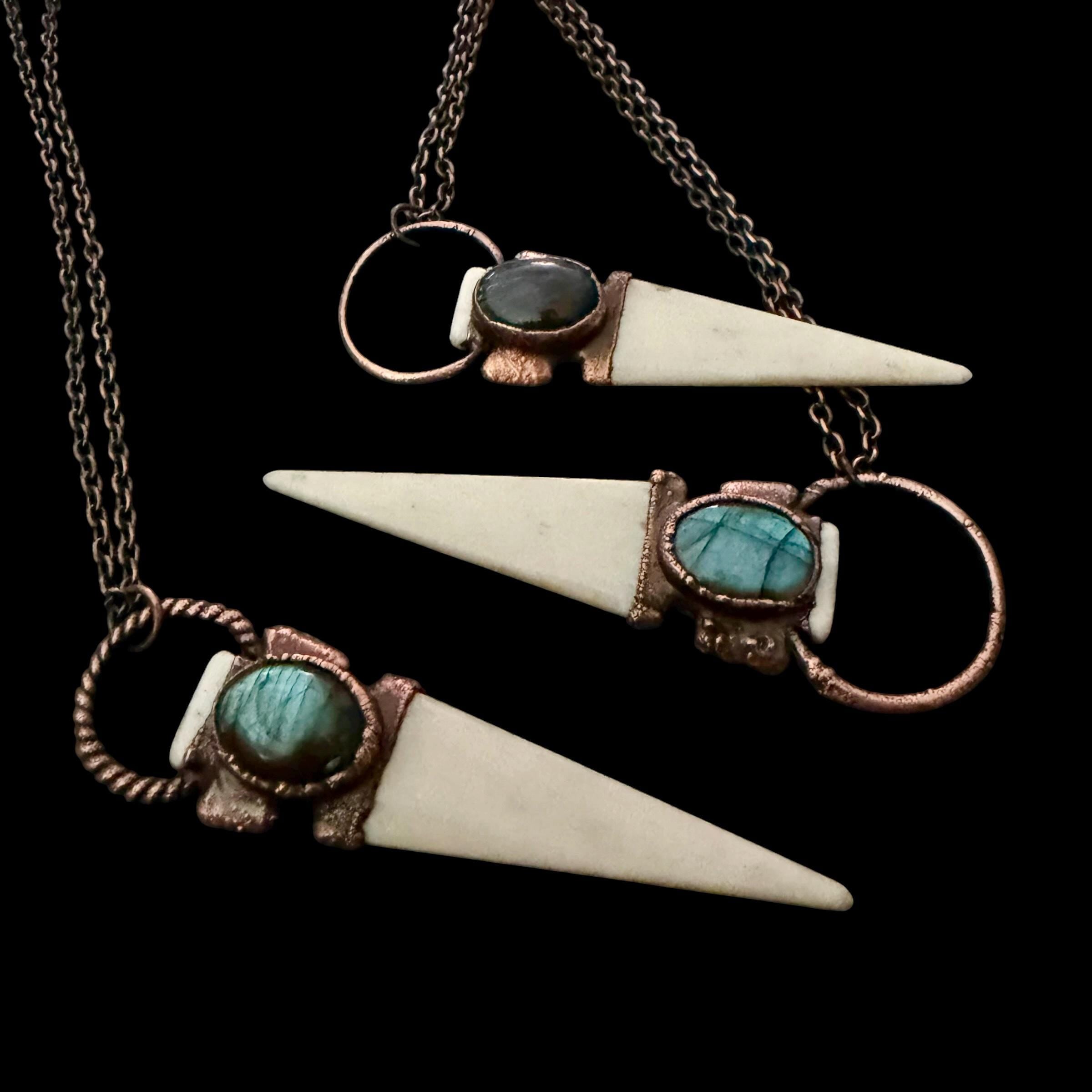 Bison Bone Arrowhead Necklace with Labradorite | Electroformed Copper Spike Pendant | Handmade Boho Jewelry | 24 inch Chain