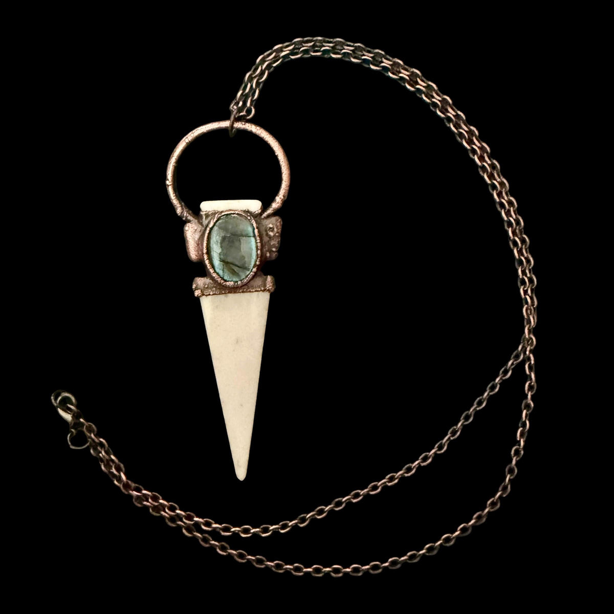 Bison Bone Arrowhead Necklace with Labradorite | Electroformed Copper Spike Pendant | Handmade Boho Jewelry | 24 inch Chain
