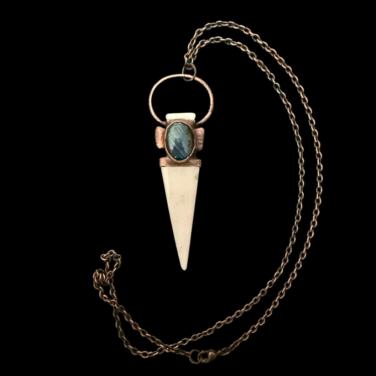 Bison Bone Arrowhead Necklace with Labradorite | Electroformed Copper Spike Pendant | Handmade Boho Jewelry | 24 inch Chain