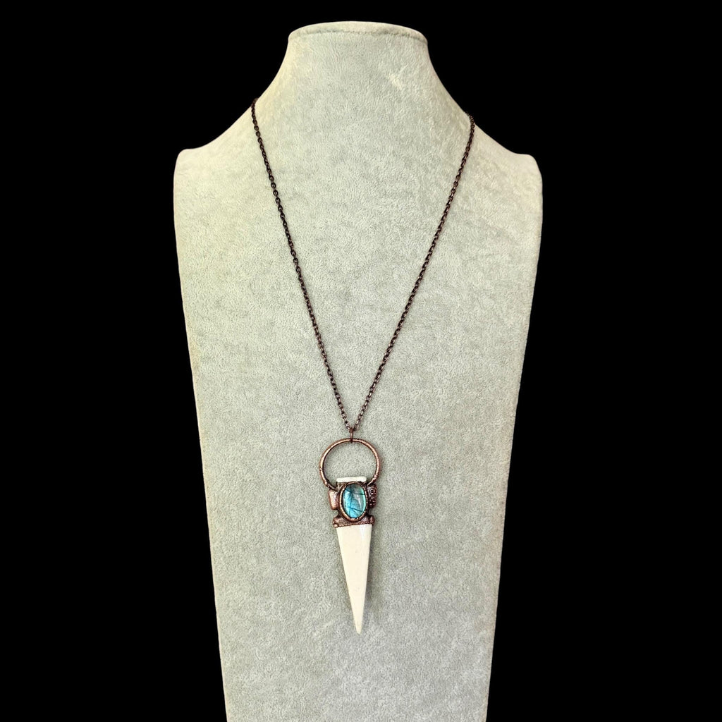 Bison Bone Arrowhead Necklace with Labradorite | Electroformed Copper Spike Pendant | Handmade Boho Jewelry | 24 inch Chain