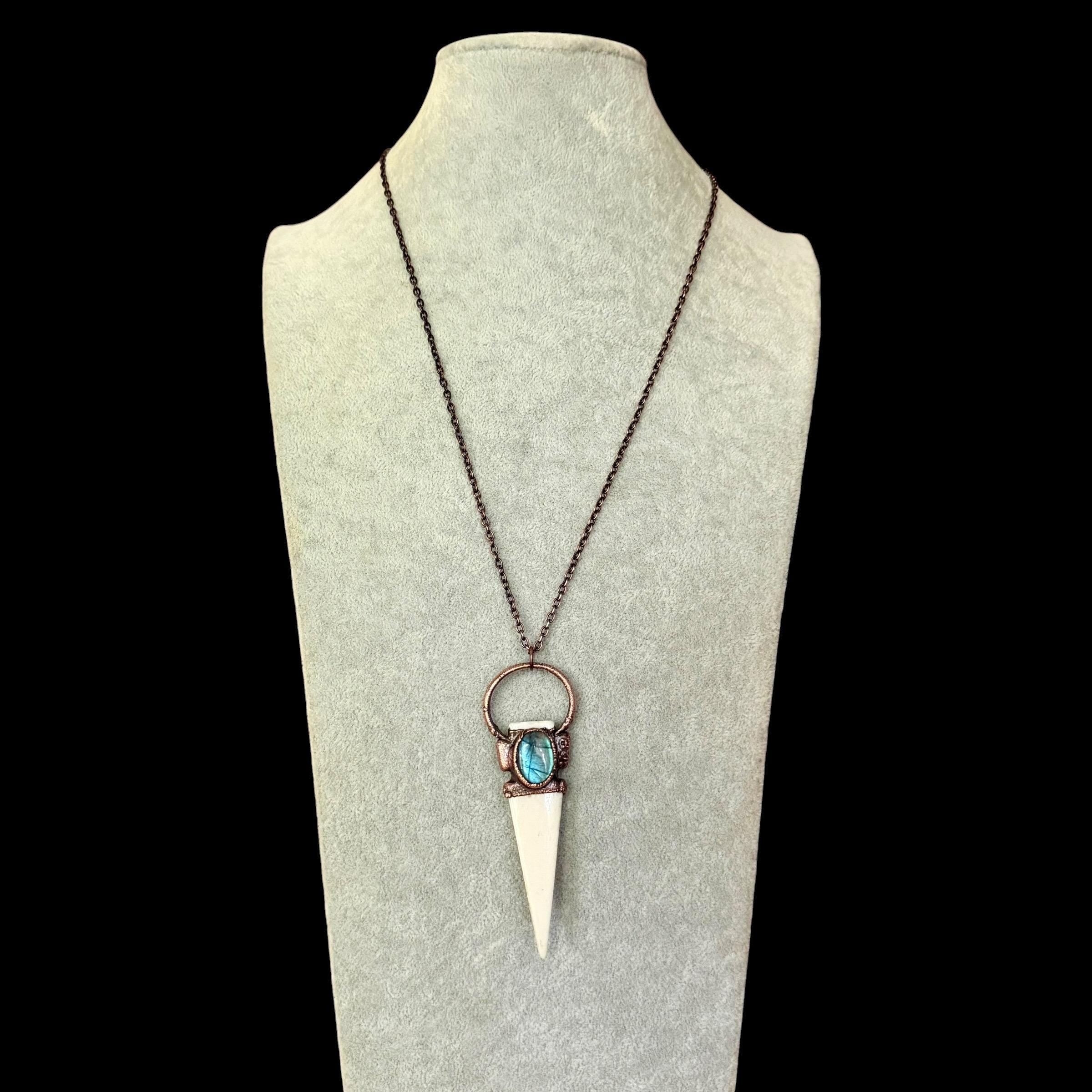 Bison Bone Arrowhead Necklace with Labradorite | Electroformed Copper Spike Pendant | Handmade Boho Jewelry | 24 inch Chain