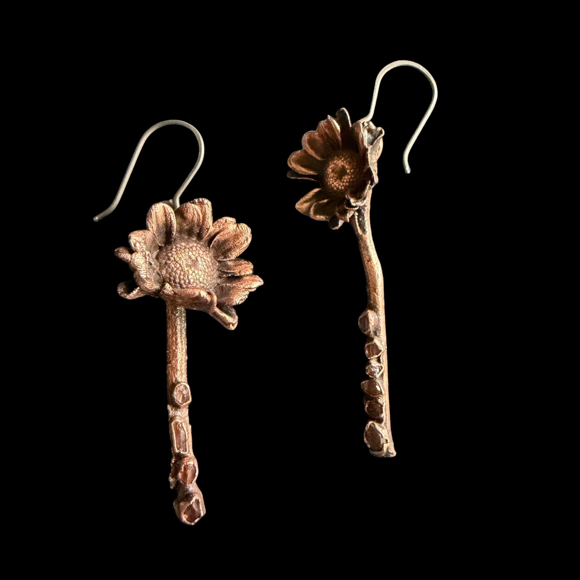 Real Flower Stem Dangle Earrings with Herkimer Diamonds | Electroformed Copper Daisy | Handmade Crystal Botanical Jewelry | Boho