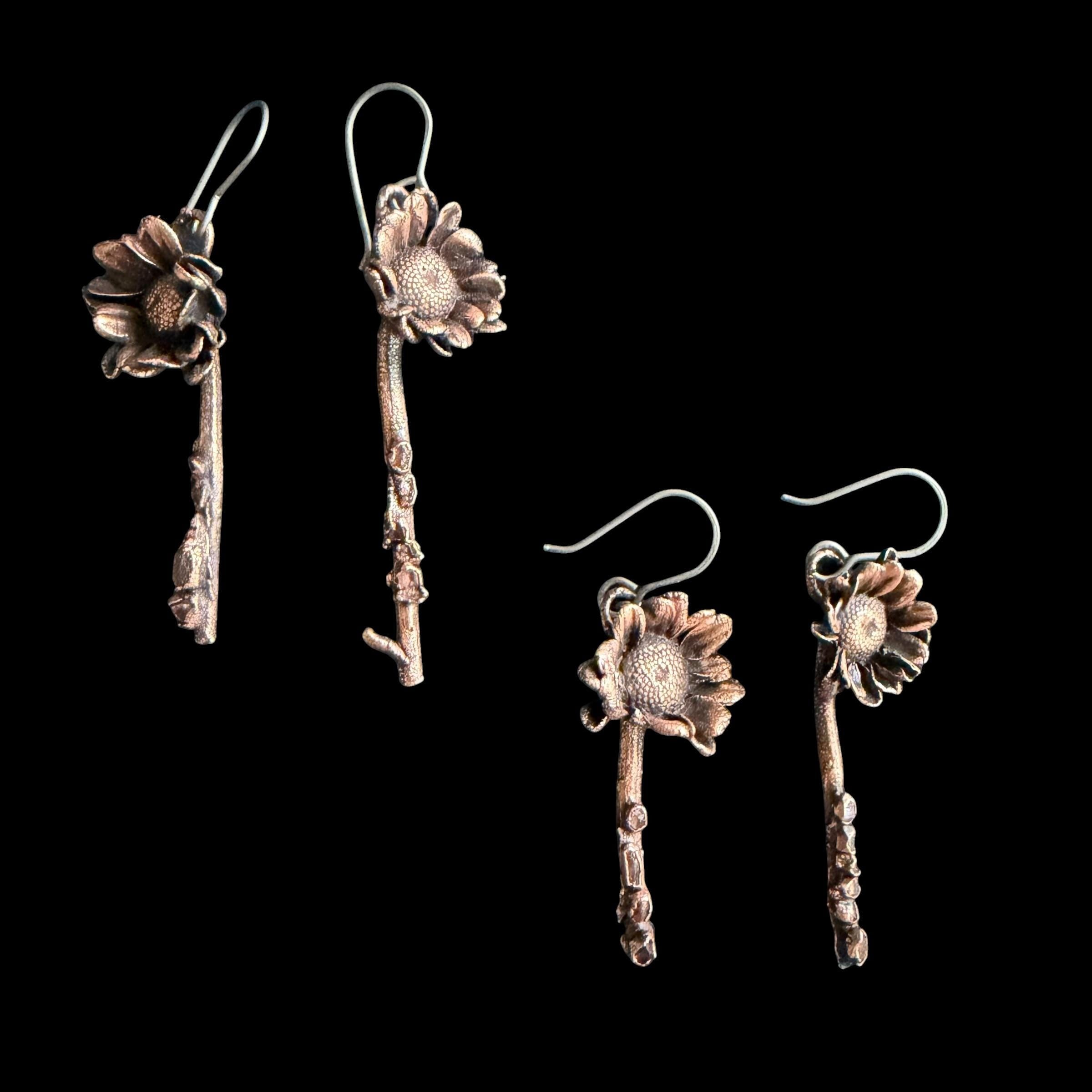 Real Flower Stem Dangle Earrings with Herkimer Diamonds | Electroformed Copper Daisy | Handmade Crystal Botanical Jewelry | Boho