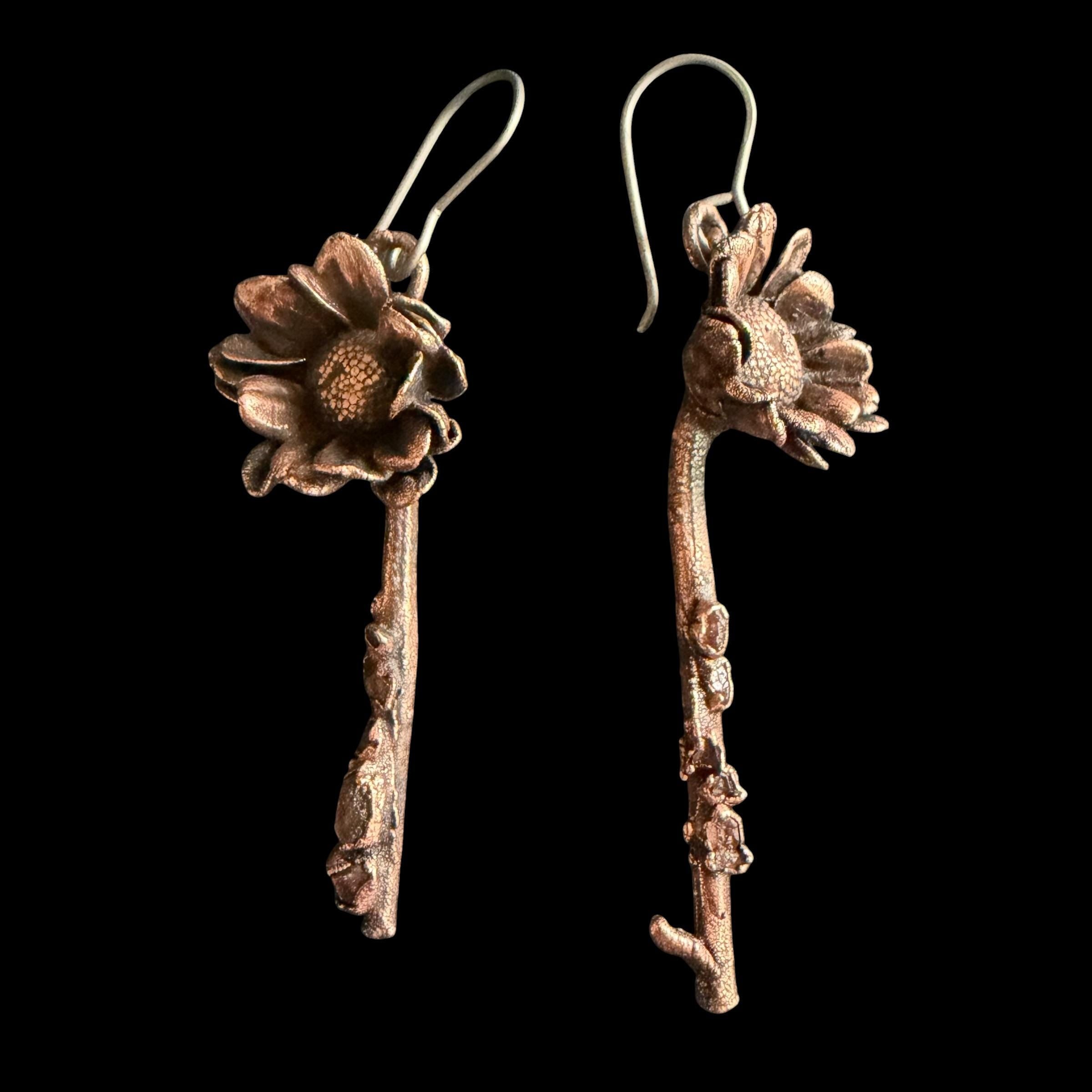 Real Flower Stem Dangle Earrings with Herkimer Diamonds | Electroformed Copper Daisy | Handmade Crystal Botanical Jewelry | Boho