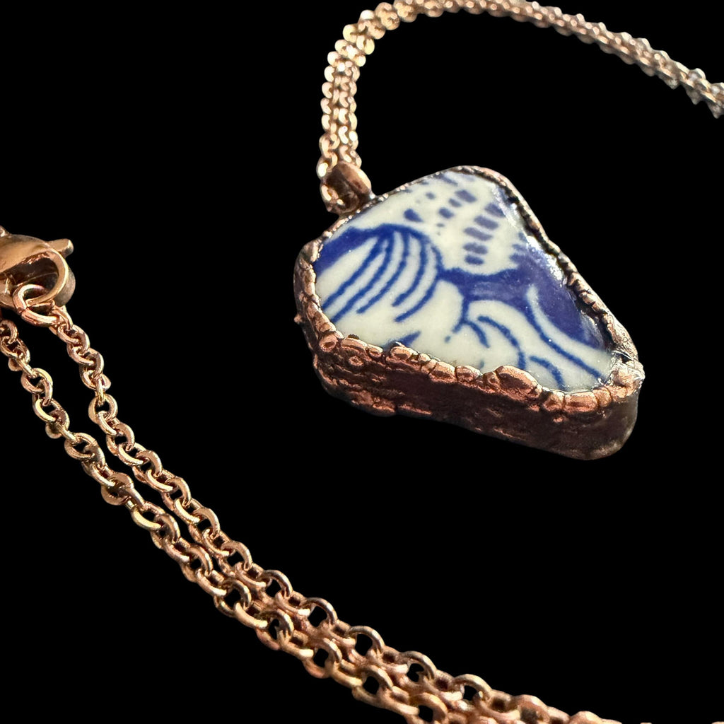Blue and White Broken China Necklace | Electroformed Copper Pendant | Upcycled Pottery Jewelry | Boho Cottage Gift