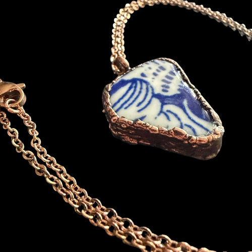 Blue and White Broken China Necklace | Electroformed Copper Pendant | Upcycled Pottery Jewelry | Boho Cottage Gift