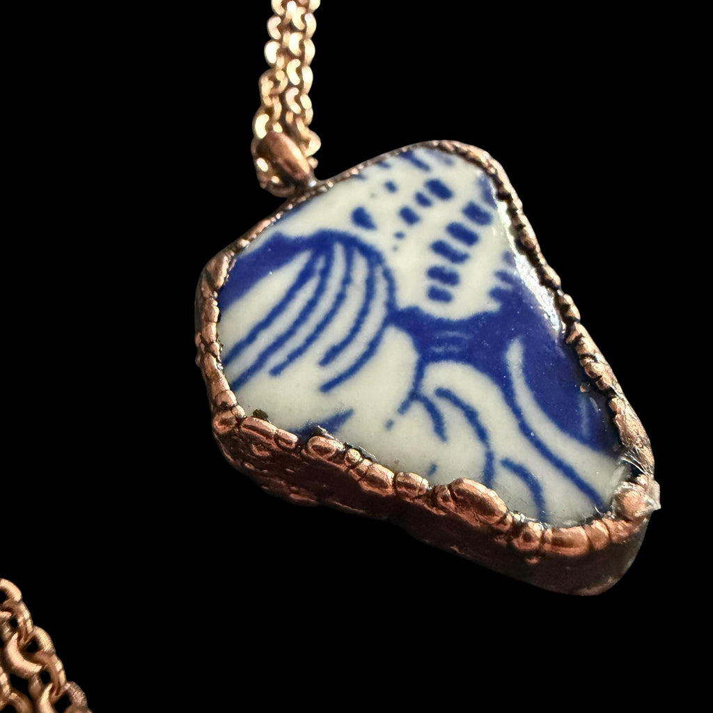 Blue and White Broken China Necklace | Electroformed Copper Pendant | Upcycled Pottery Jewelry | Boho Cottage Gift