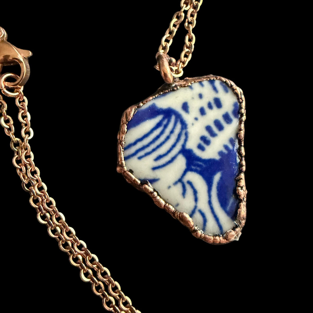 Blue and White Broken China Necklace | Electroformed Copper Pendant | Upcycled Pottery Jewelry | Boho Cottage Gift