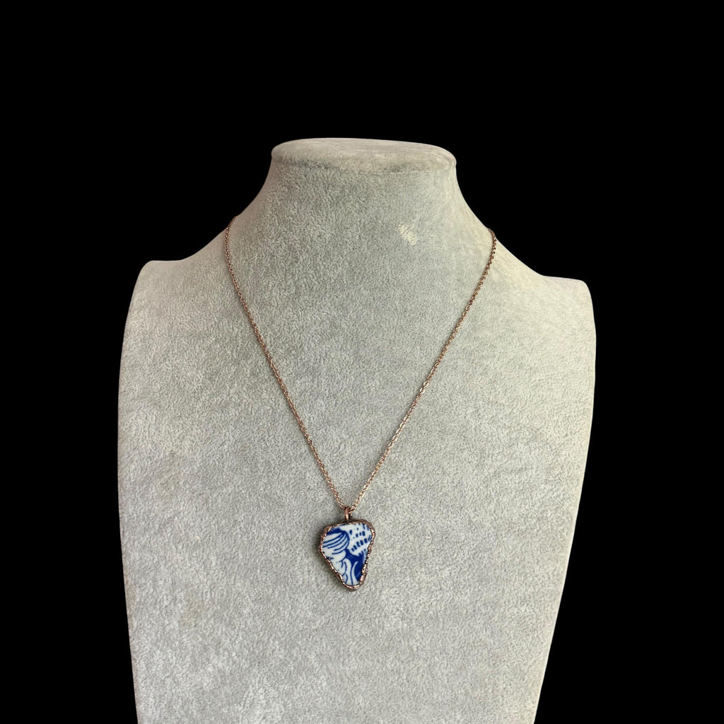 Blue and White Broken China Necklace | Electroformed Copper Pendant | Upcycled Pottery Jewelry | Boho Cottage Gift