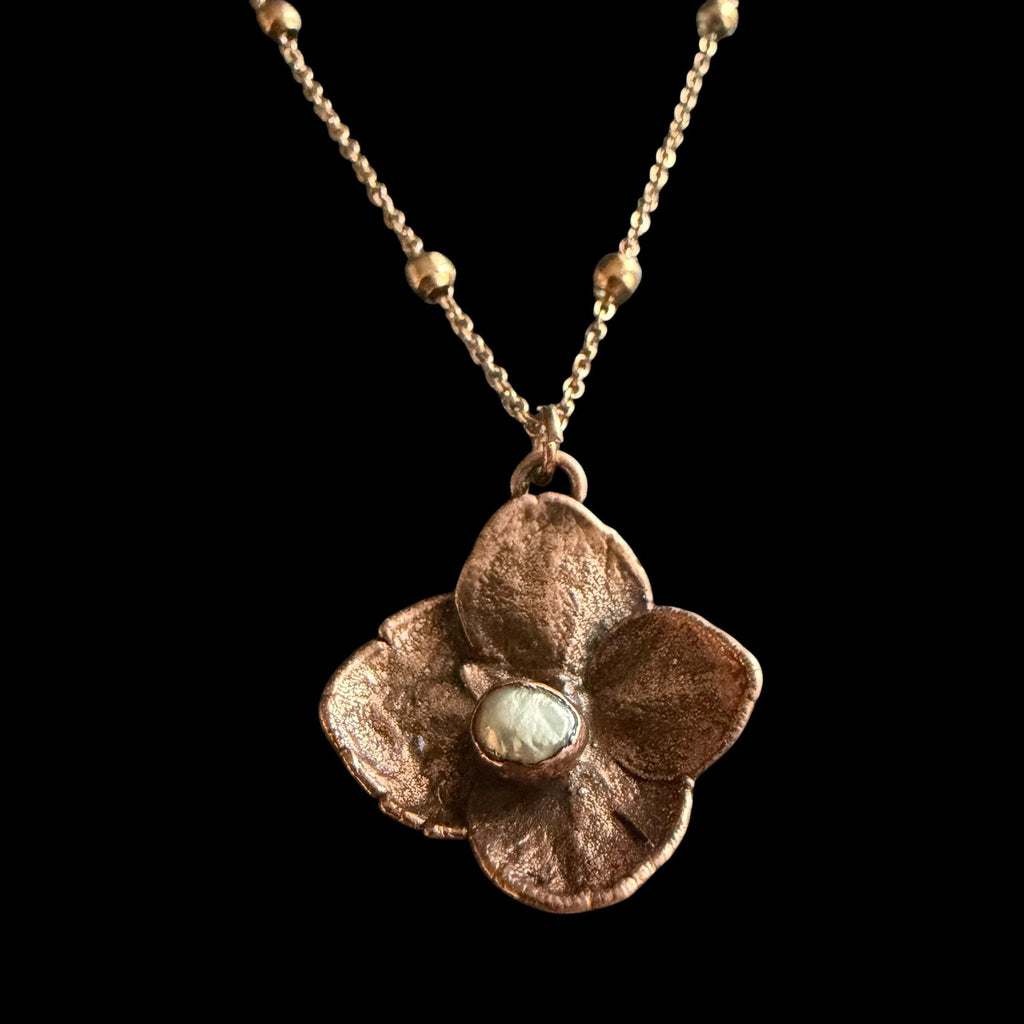 Real Hydrangea Flower Necklace with Pearl | Electroformed Copper Pendant | Preserved Botanical Jewelry | Boho Gift