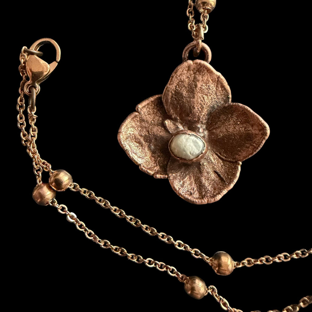 Real Hydrangea Flower Necklace with Pearl | Electroformed Copper Pendant | Preserved Botanical Jewelry | Boho Gift