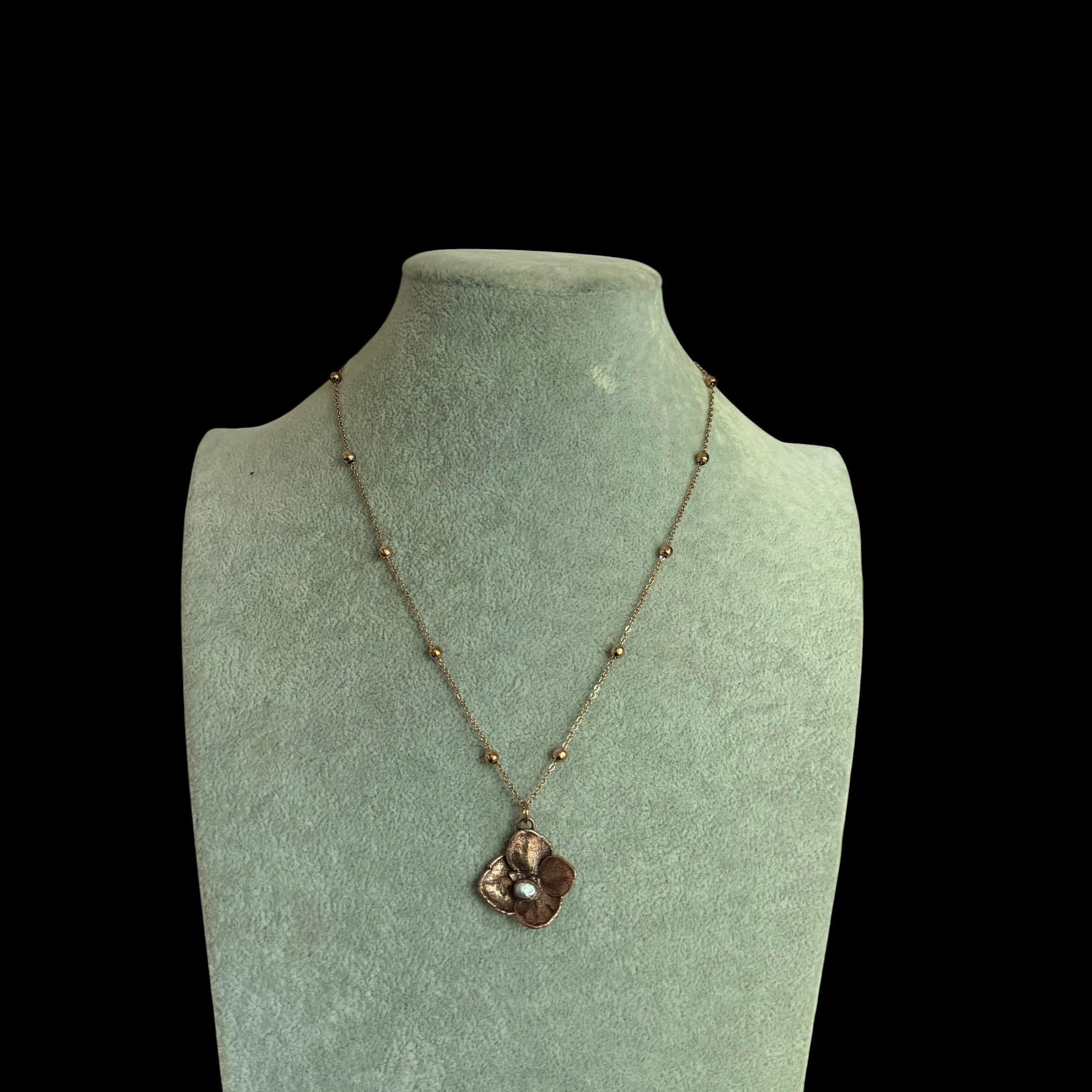 Real Hydrangea Flower Necklace with Pearl | Electroformed Copper Pendant | Preserved Botanical Jewelry | Boho Gift