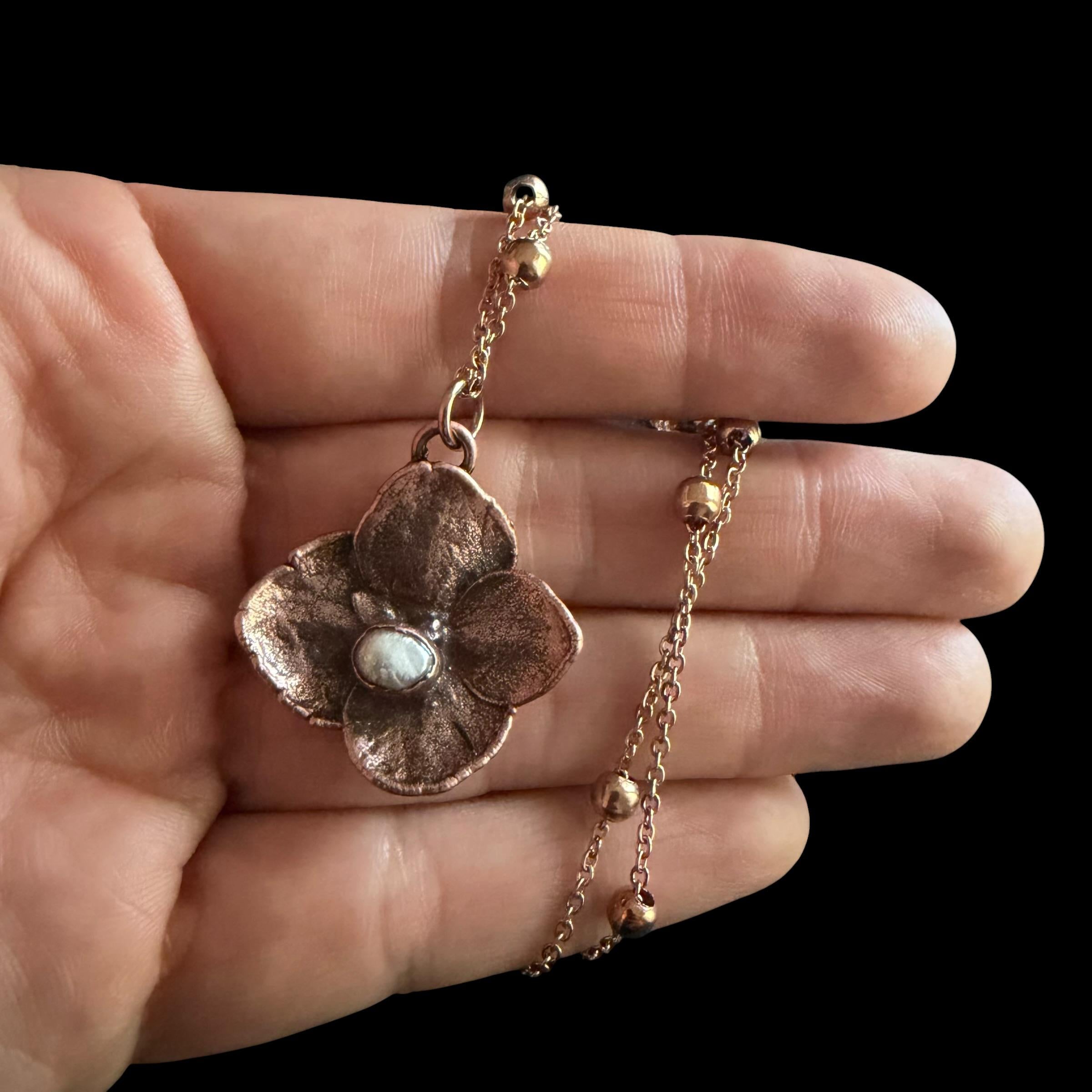 Real Hydrangea Flower Necklace with Pearl | Electroformed Copper Pendant | Preserved Botanical Jewelry | Boho Gift