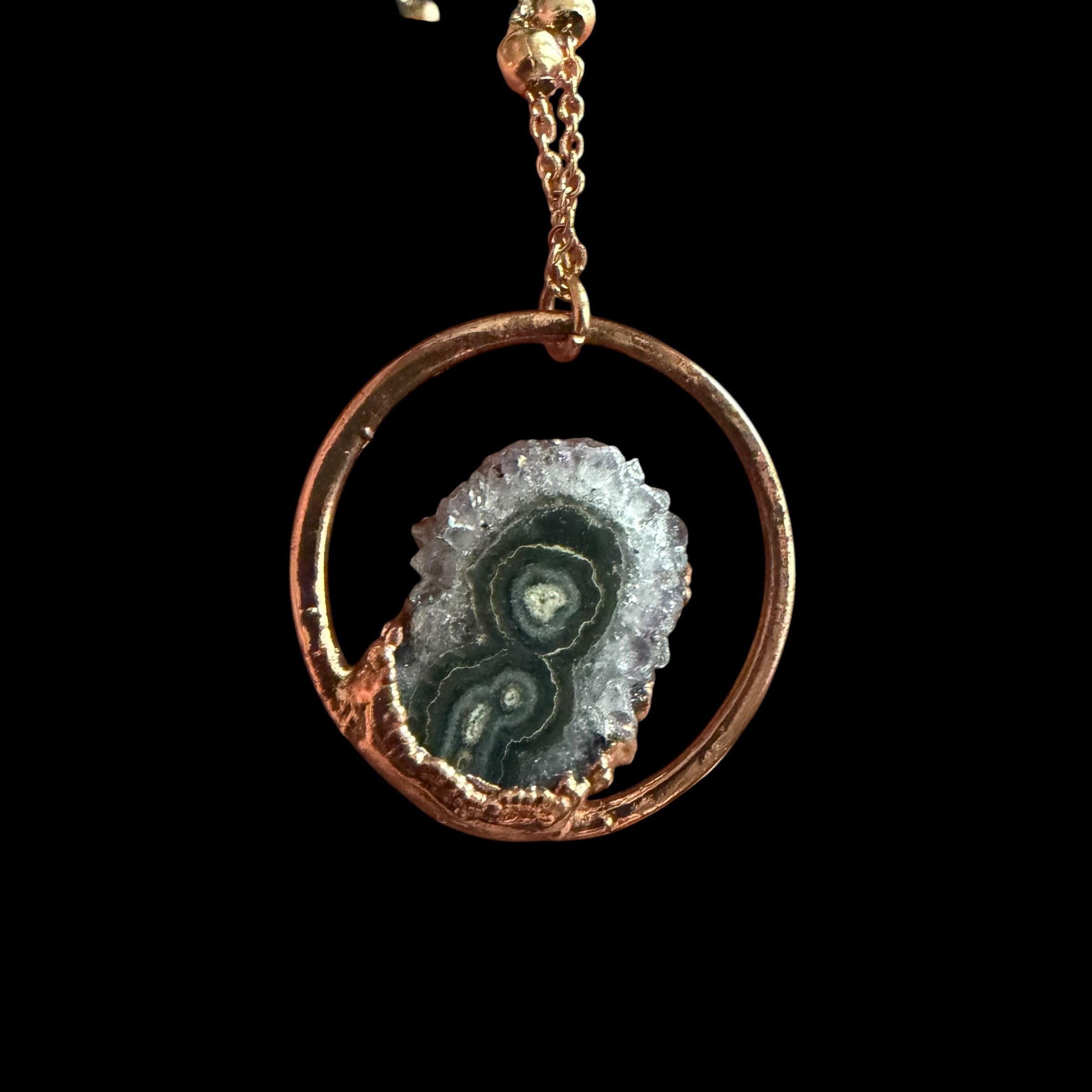 Amethyst Stalactite Slice Necklace | Electroformed Copper Hoop Pendant | Handmade Druzy Crystal Jewelry | Boho Gift