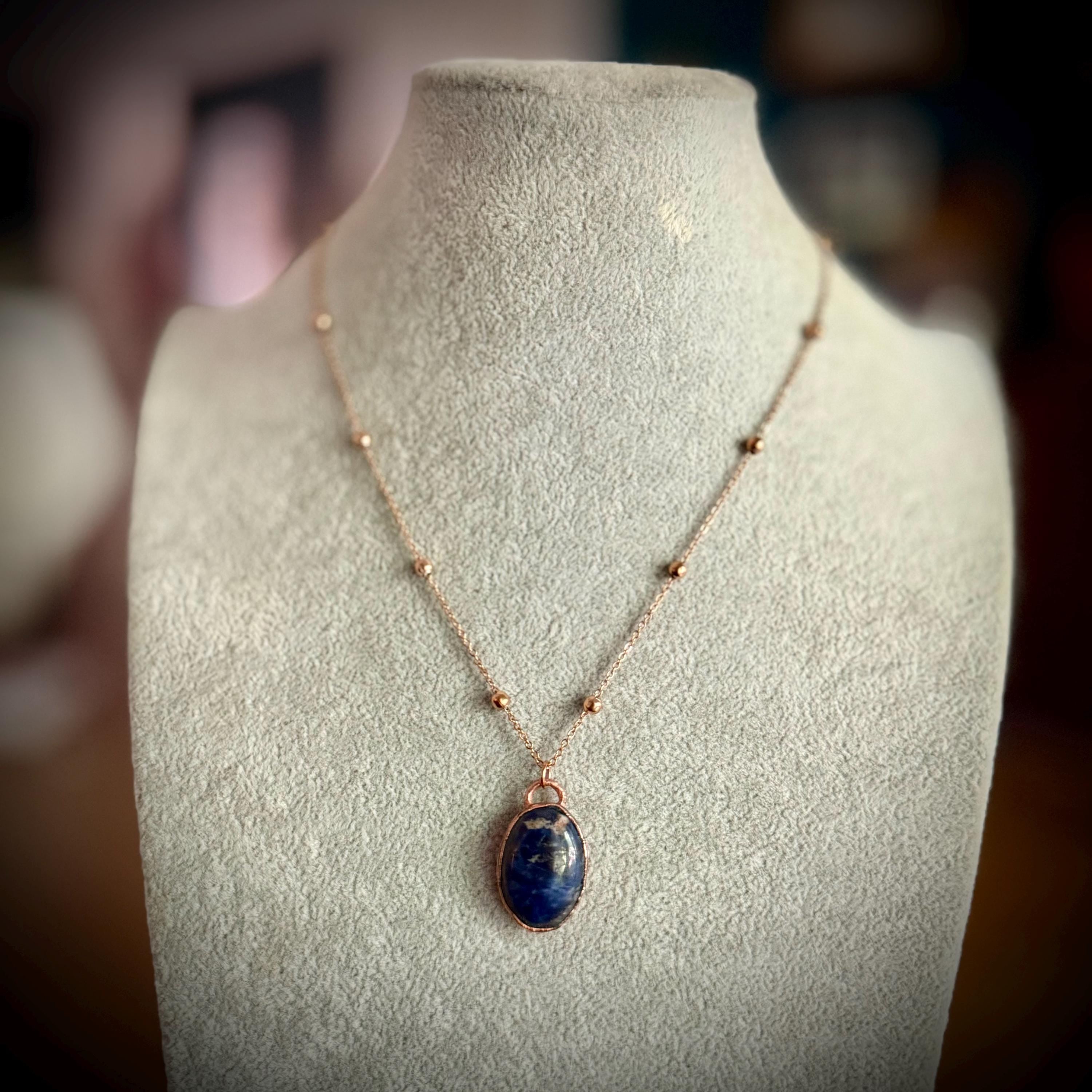 Sodalite Necklace | Electroformed Copper Pendant | Handmade Blue Gemstone Jewelry | Boho Truth Crystal Gift