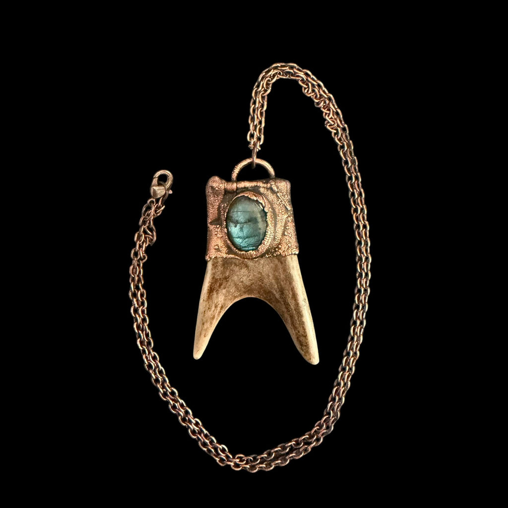Labradorite & Obsidian Antler Necklace | Electroformed Copper Deer Antler Pendant | Handmade Boho Crystal Jewelry | Witchy Gift