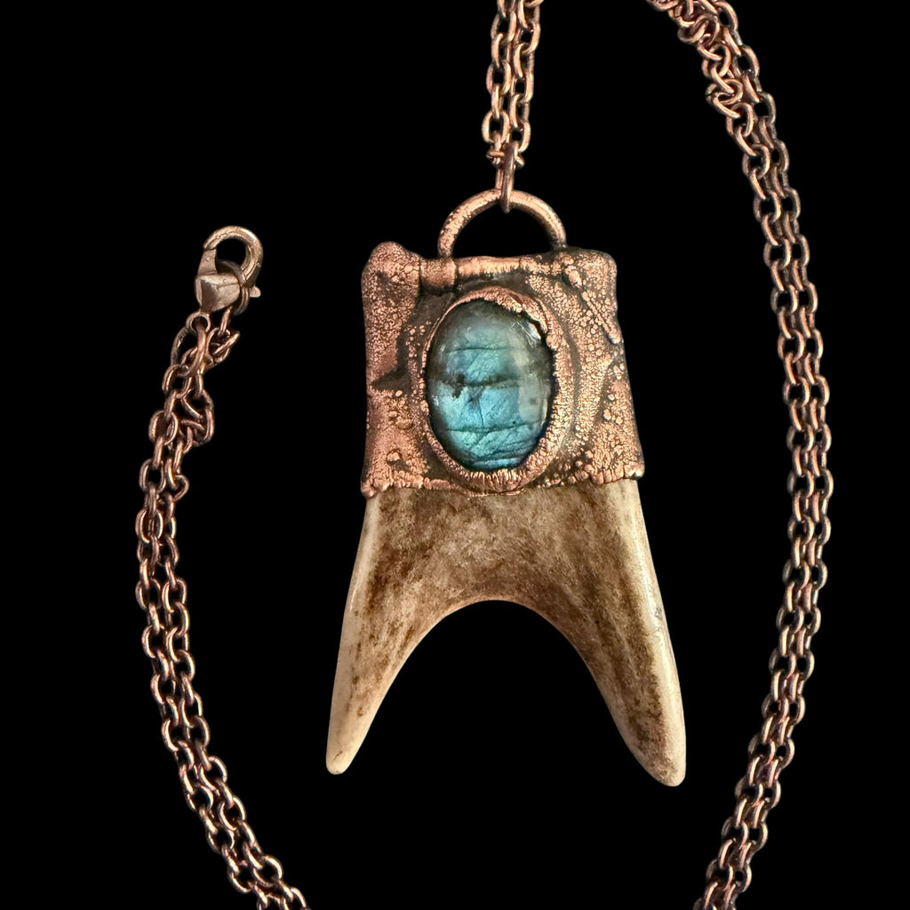 Labradorite & Obsidian Antler Necklace | Electroformed Copper Deer Antler Pendant | Handmade Boho Crystal Jewelry | Witchy Gift