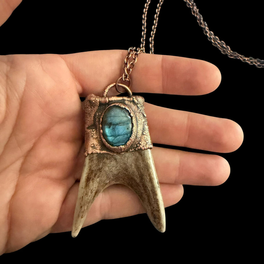 Labradorite & Obsidian Antler Necklace | Electroformed Copper Deer Antler Pendant | Handmade Boho Crystal Jewelry | Witchy Gift