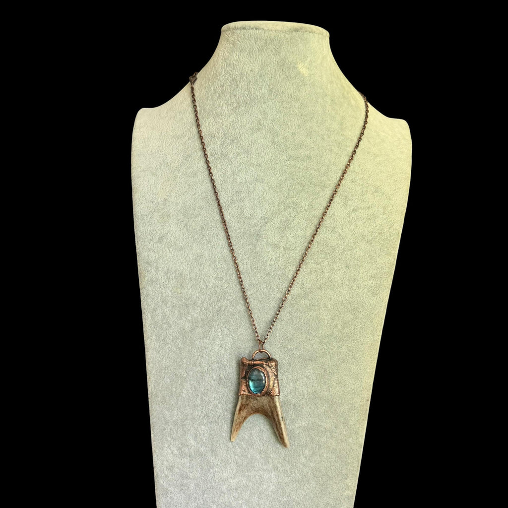 Labradorite & Obsidian Antler Necklace | Electroformed Copper Deer Antler Pendant | Handmade Boho Crystal Jewelry | Witchy Gift