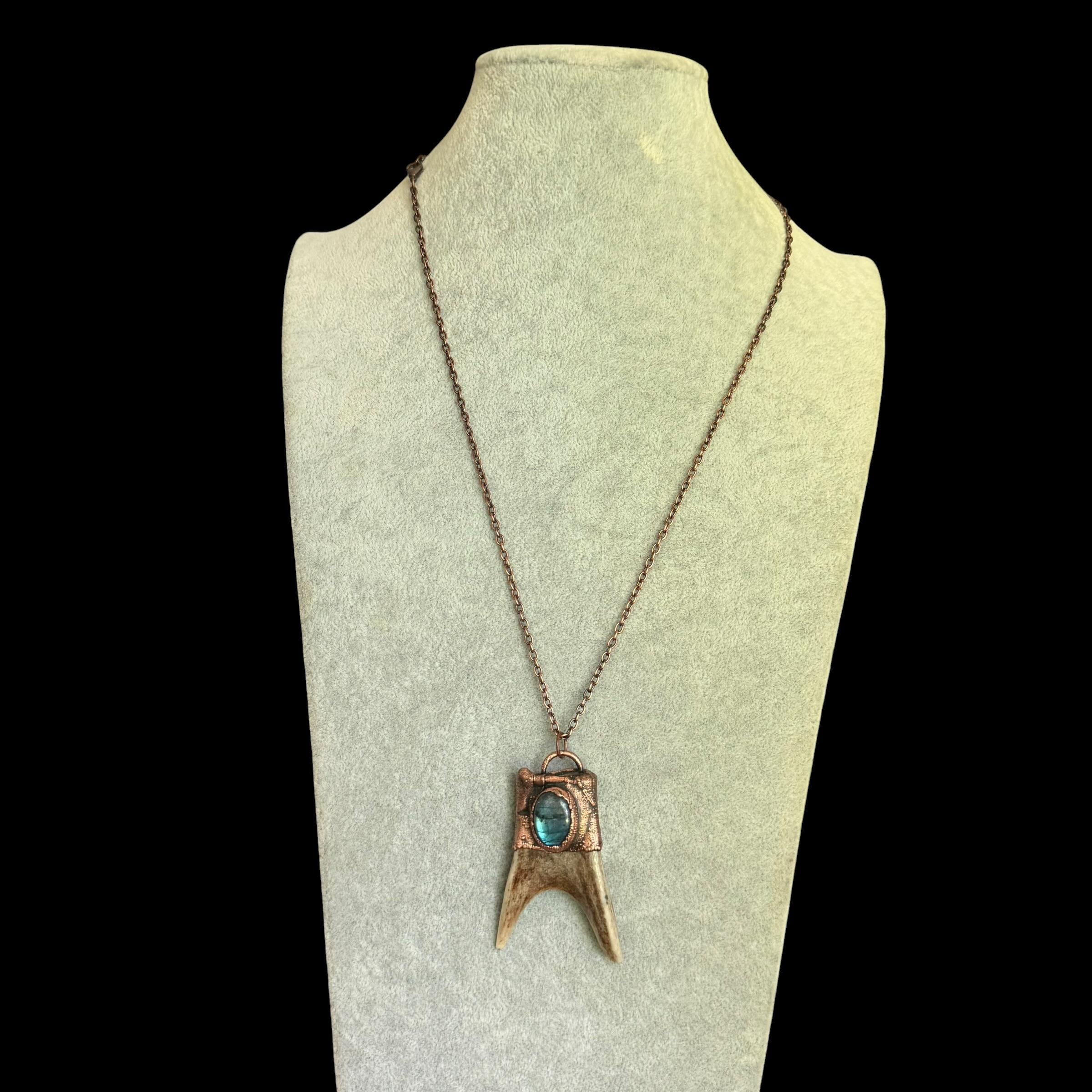 Labradorite & Obsidian Antler Necklace | Electroformed Copper Deer Antler Pendant | Handmade Boho Crystal Jewelry | Witchy Gift