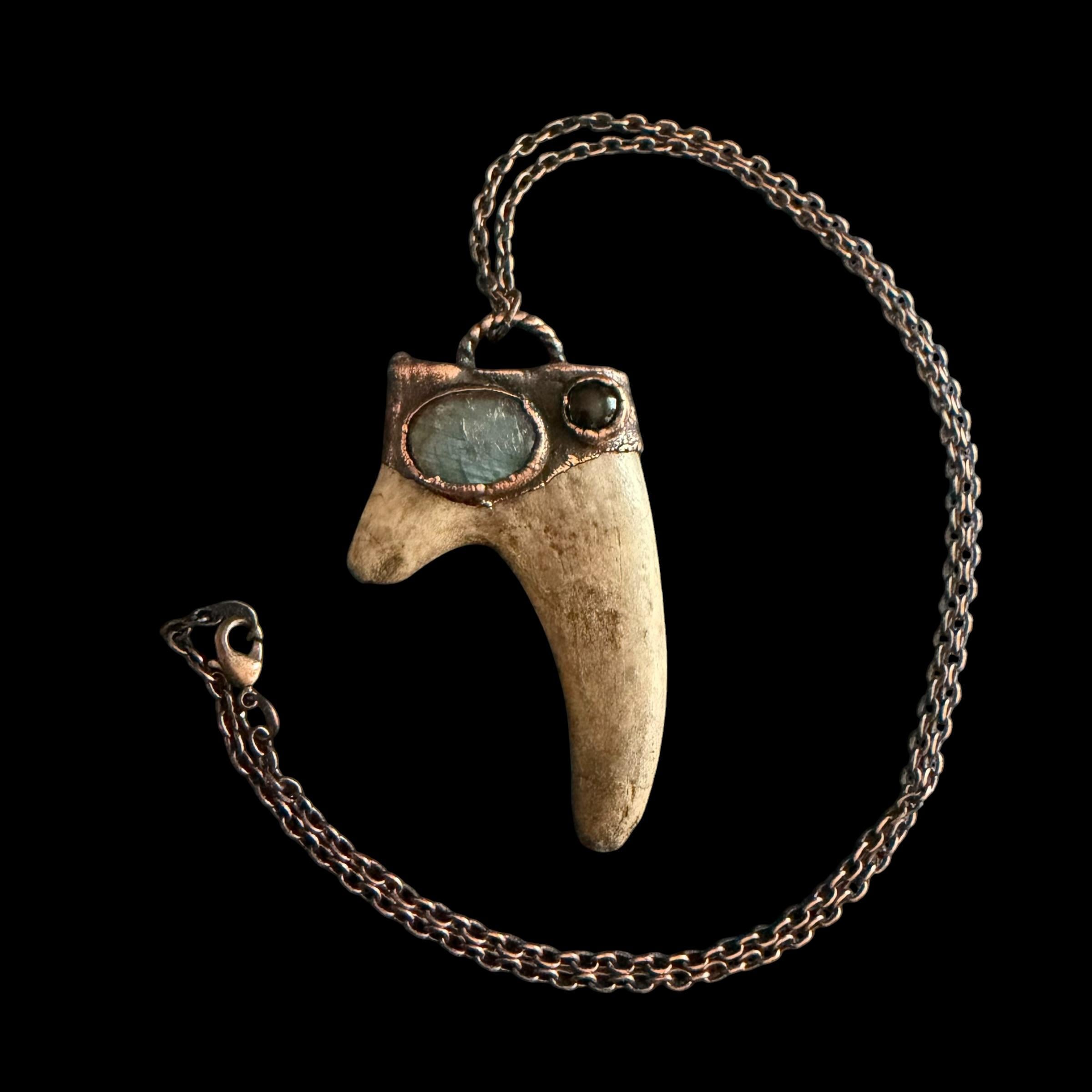 Labradorite & Obsidian Antler Necklace | Electroformed Copper Deer Antler Pendant | Handmade Boho Crystal Jewelry | Witchy Gift