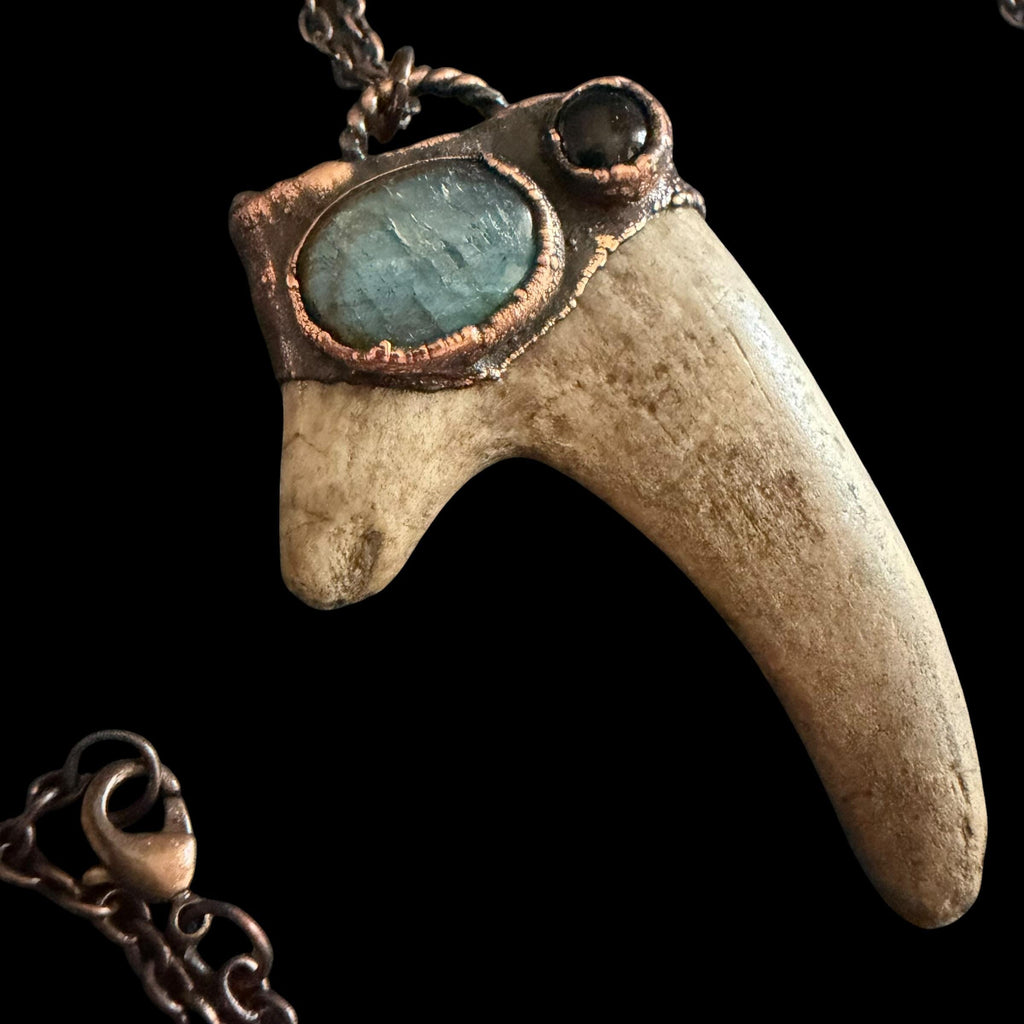 Labradorite & Obsidian Antler Necklace | Electroformed Copper Deer Antler Pendant | Handmade Boho Crystal Jewelry | Witchy Gift