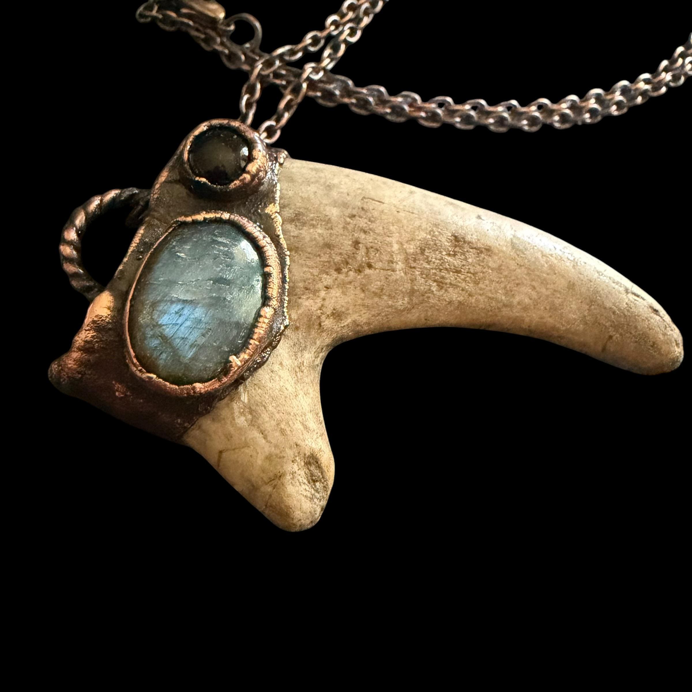 Labradorite & Obsidian Antler Necklace | Electroformed Copper Deer Antler Pendant | Handmade Boho Crystal Jewelry | Witchy Gift