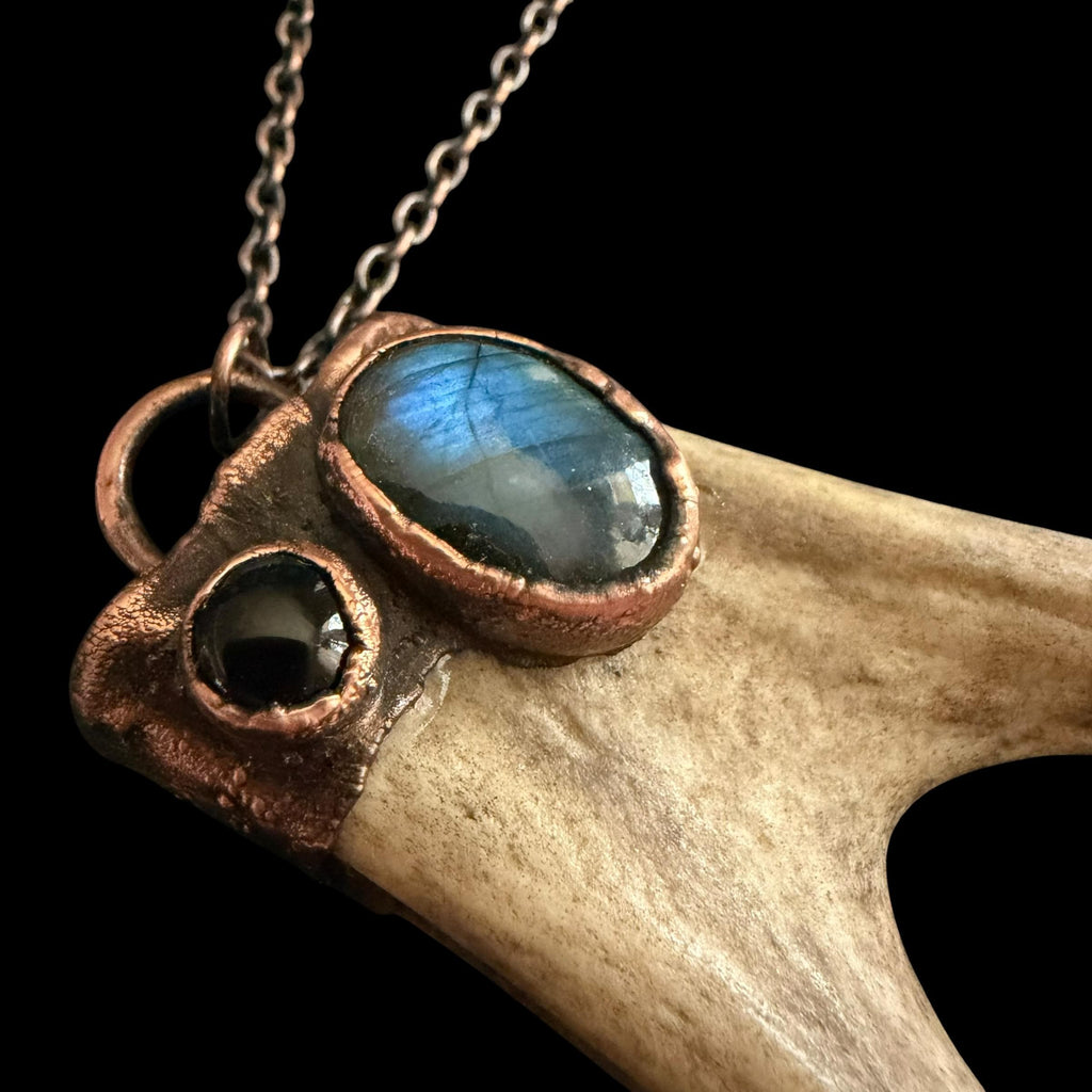 Labradorite & Obsidian Antler Necklace | Electroformed Copper Deer Antler Pendant | Handmade Boho Crystal Jewelry | Witchy Gift