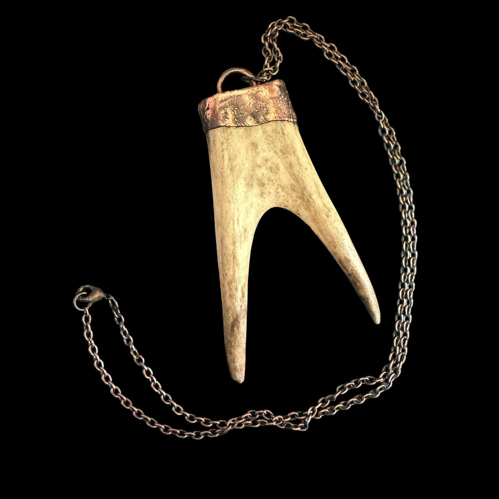 Labradorite & Obsidian Antler Necklace | Electroformed Copper Deer Antler Pendant | Handmade Boho Crystal Jewelry | Witchy Gift